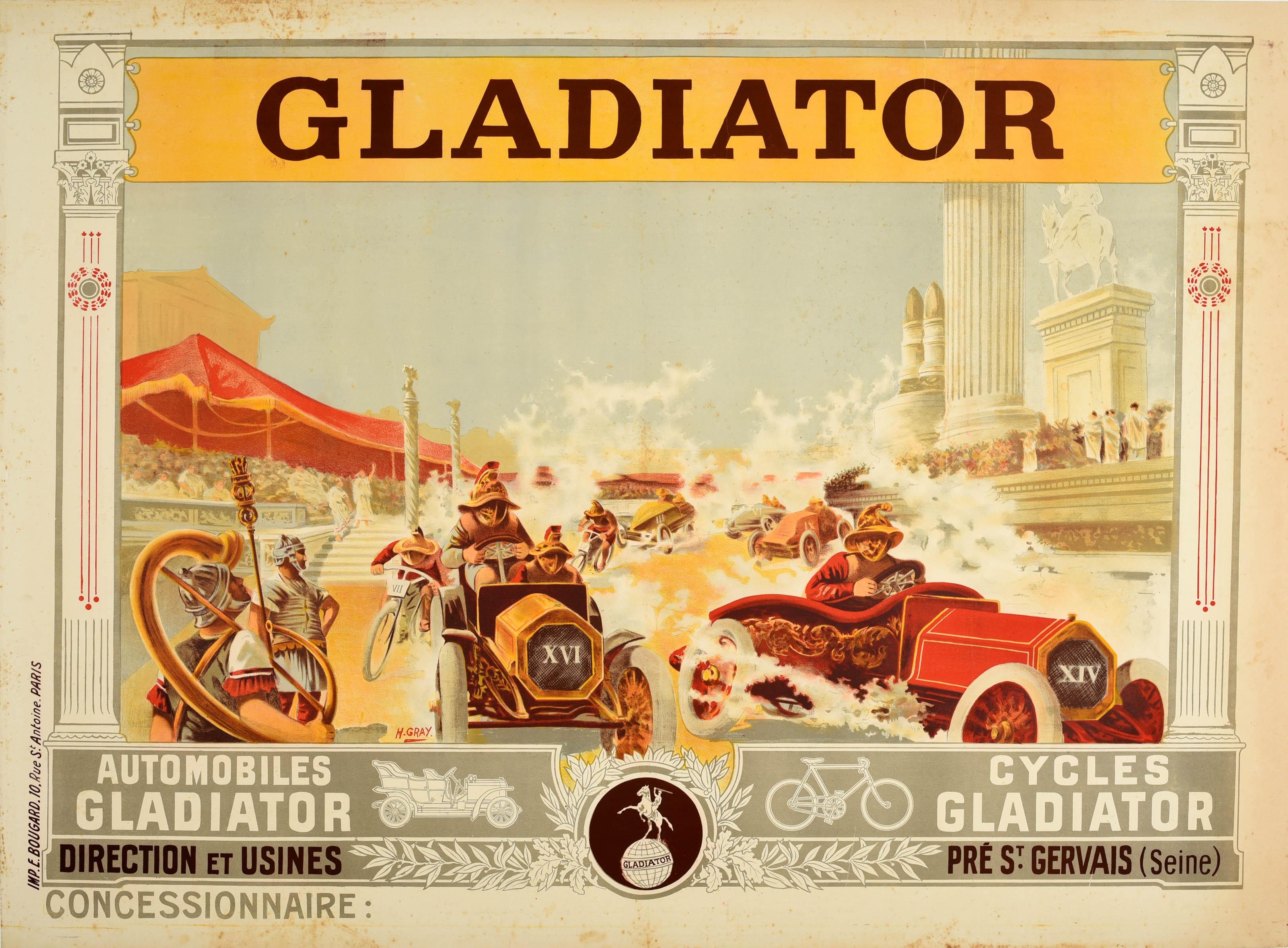 Henri Gray (Henri Boulanger) - Original Antique Advertising Poster  Gladiator Automobiles Cycles Henri Grey Car For Sale at 1stDibs