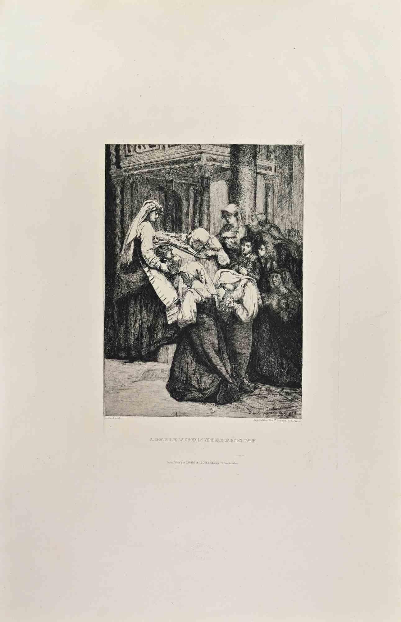 Figurative Print di Henri Guerard - Adorazione della Croce del Venerdì - Acquaforte di Henri Guérard - Anni '60 del XIX secolo