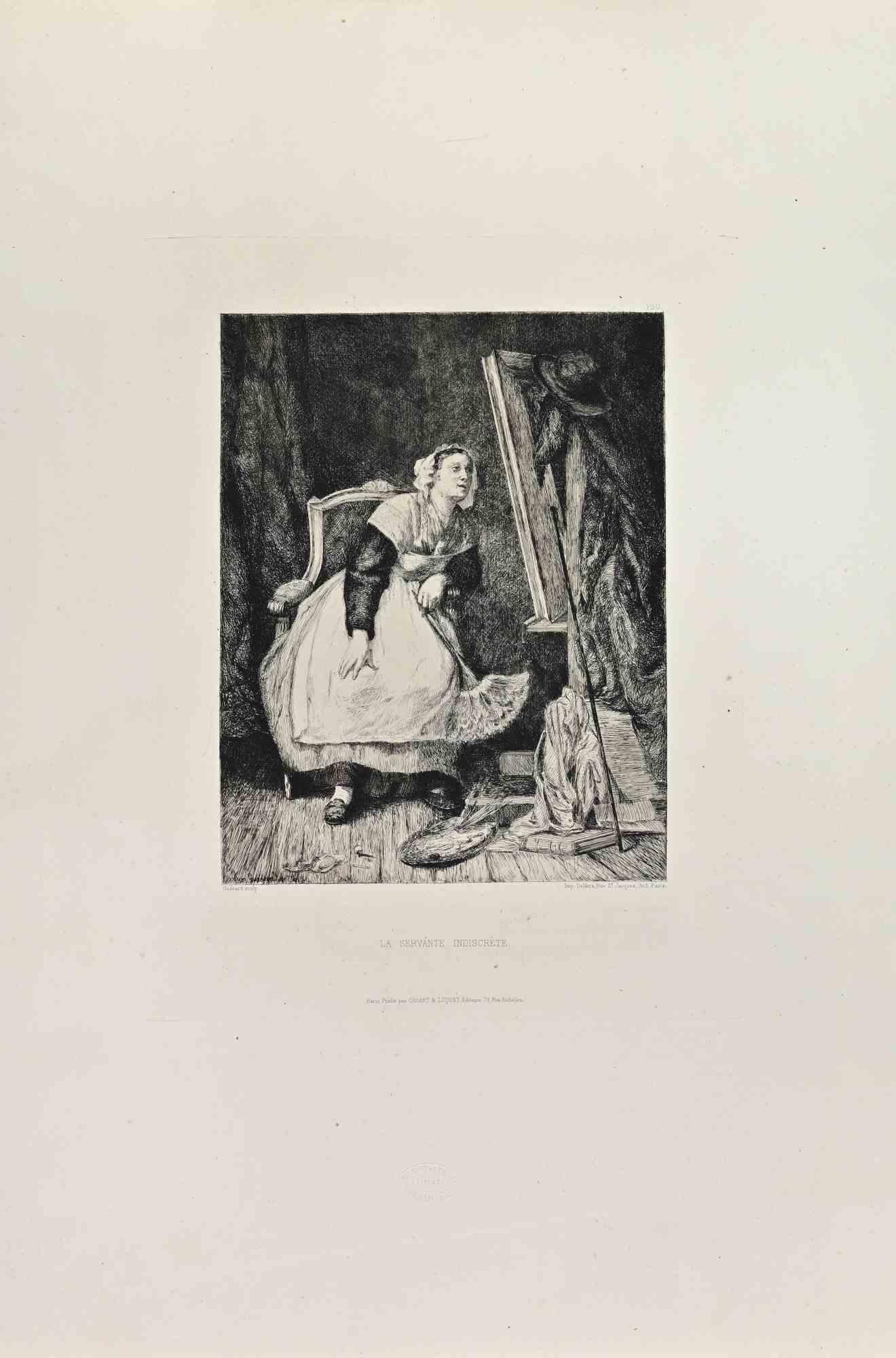 Henri Guerard Landscape Print - La Servante Indiscrete - Etching by Henri Guérard - 1860s