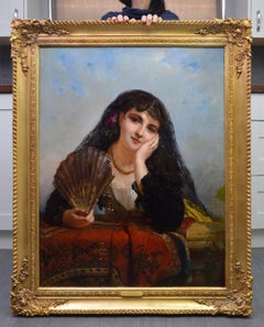 A Spanish Beauty - Large 19th Century French Portrait Oil Painting 1963