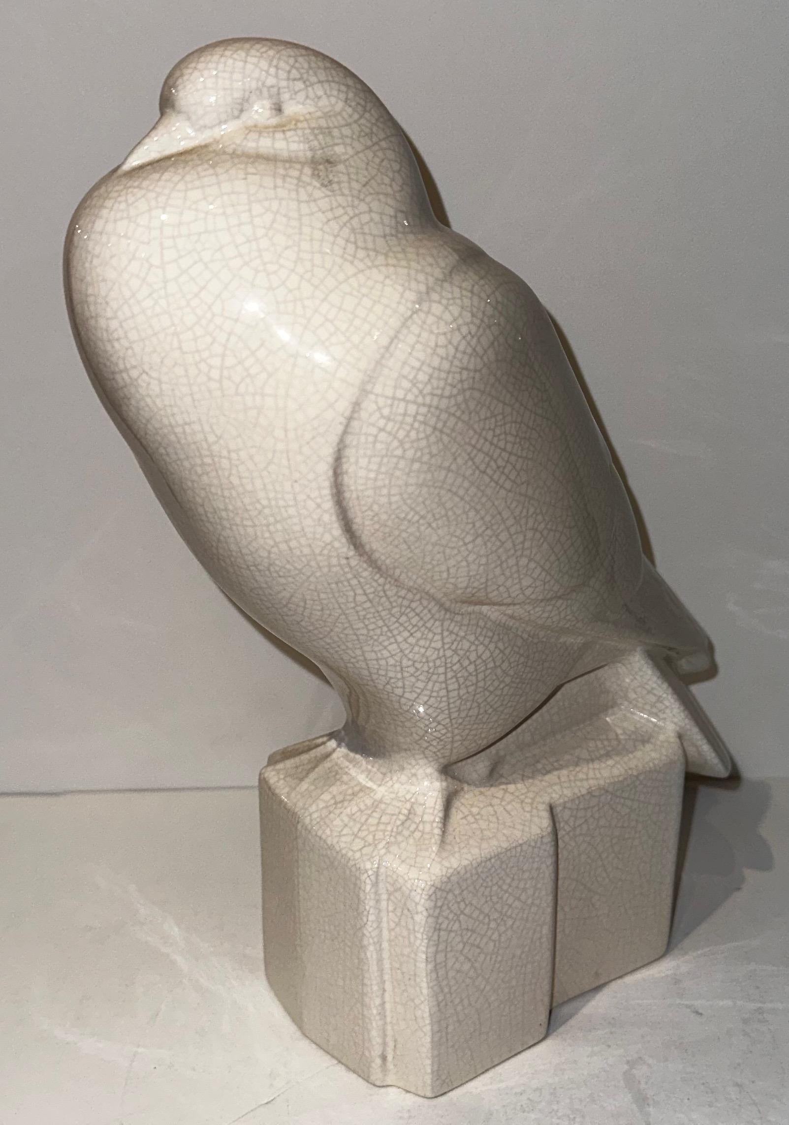 Art Deco Henri Guingot Saint Clement France White Crackle Ceramic Dove For Sale