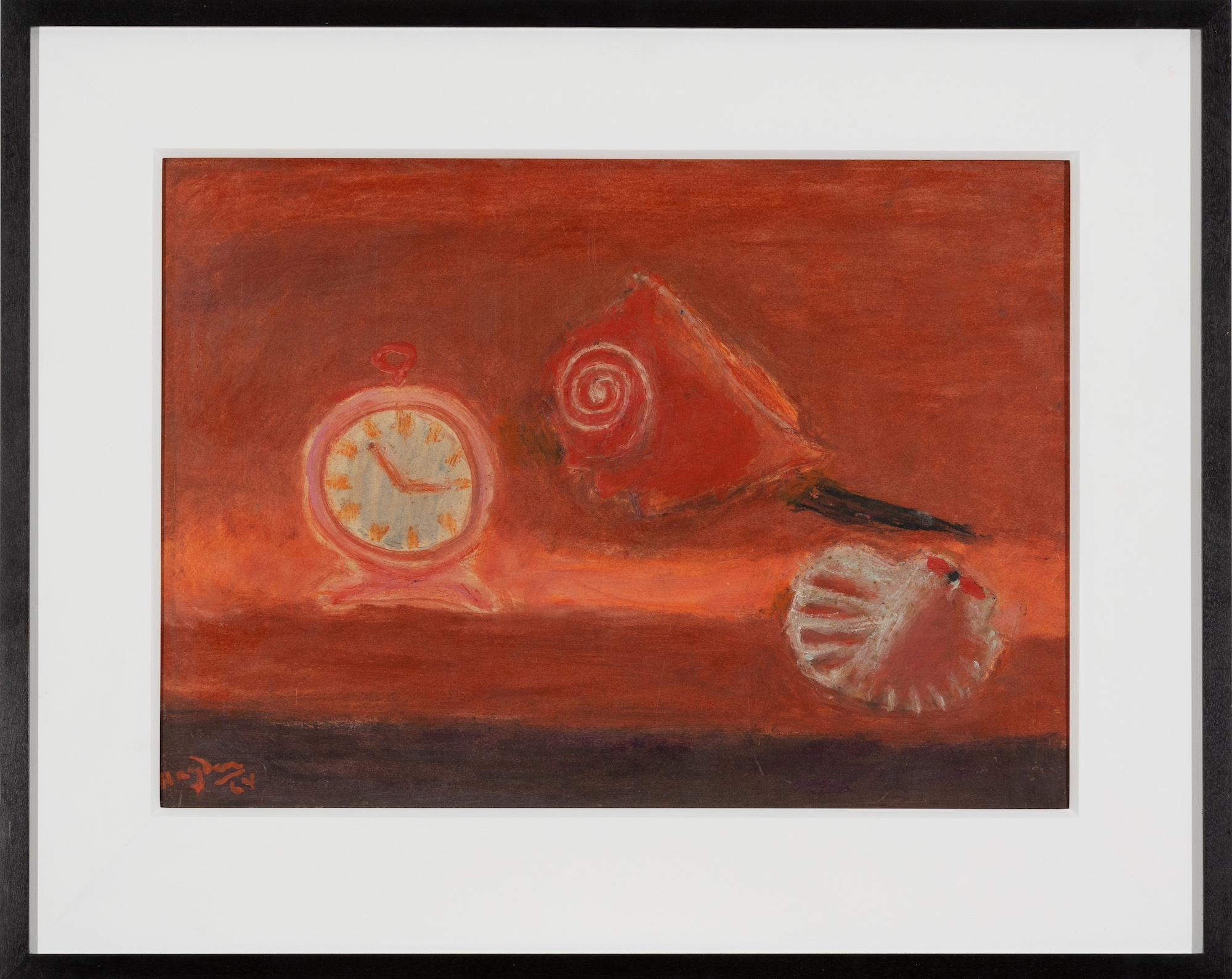 Coquillage et réveil en rouge par Henri Hayden - Nature morte en peinture en vente 1