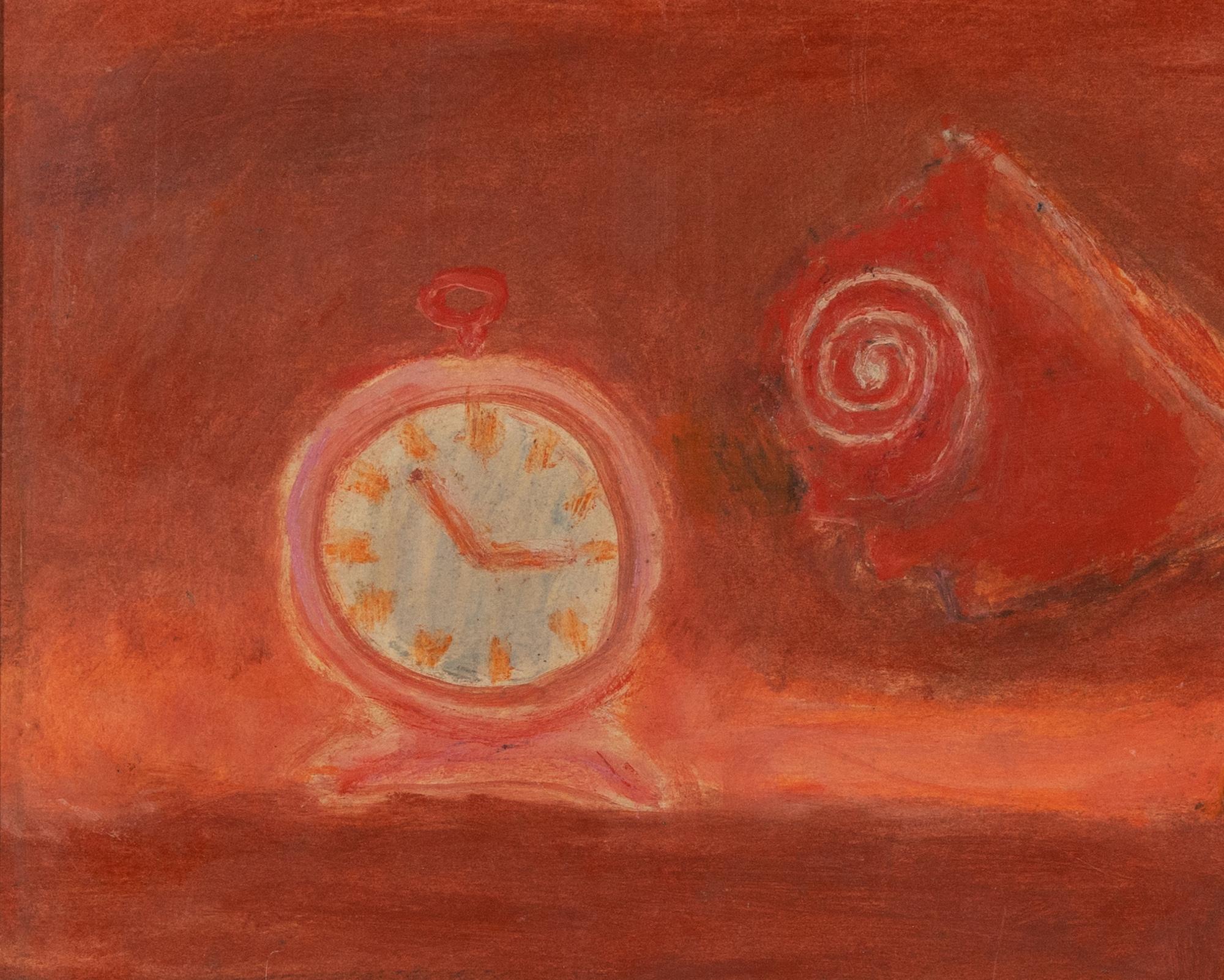Coquillage et réveil en rouge von Henri Hayden - Stilleben Malerei im Angebot 2