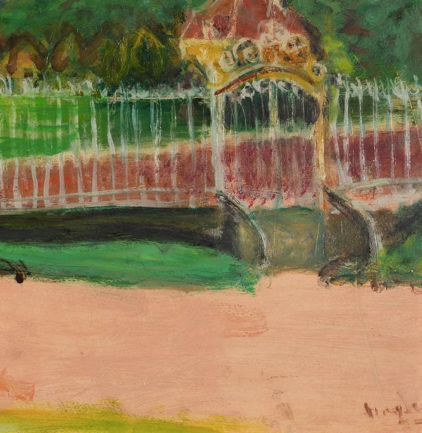 Jardin a Triel (Seto), 1948 - Paisaje al óleo con parque, árboles y verde - Figurative Painting Negro de Henri Hayden
