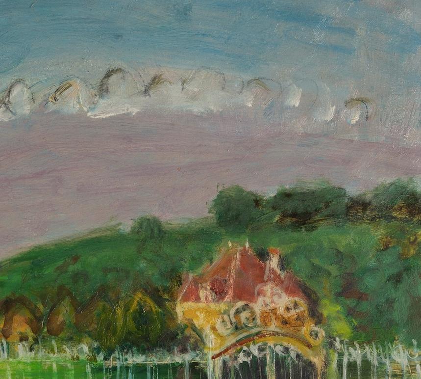 Jardin a Triel (Seto), 1948 - Paisaje al óleo con parque, árboles y verde en venta 1