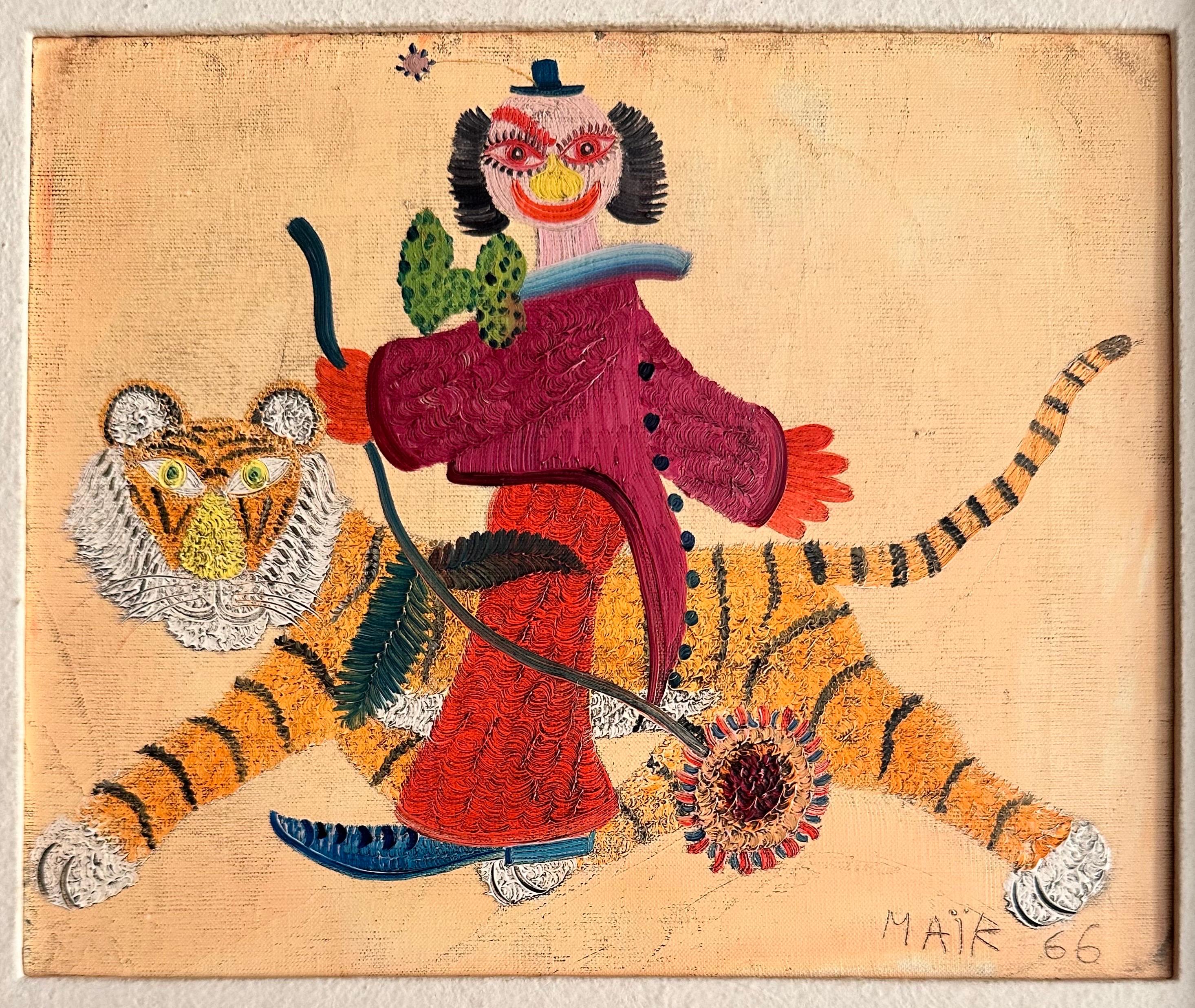 Oil on canvas by Henri Hecht MAÏK (1922-1993) 
“Tiger and Clown with a Flower” 
sign and date lower right “MAÏK 66”

Natural oak frame  from the 60s.

Canvas dimensions: 22 x 27 cm
Overall dimensions: 35,5 x 40 cm
