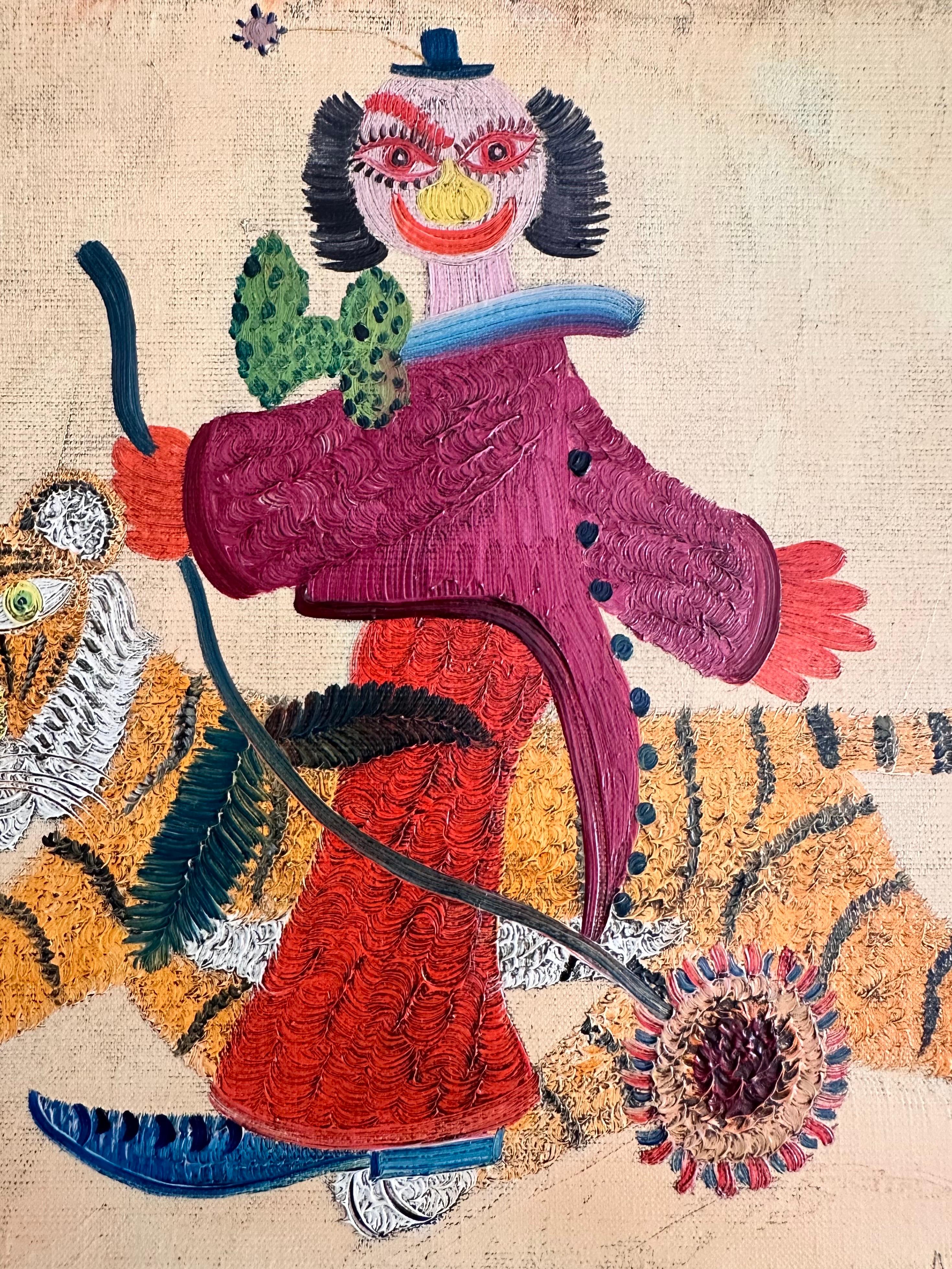 Oiled Henri Hecht MAÏK, French Painter, Oil on Canvas, “Tiger and Clown” 1966 For Sale