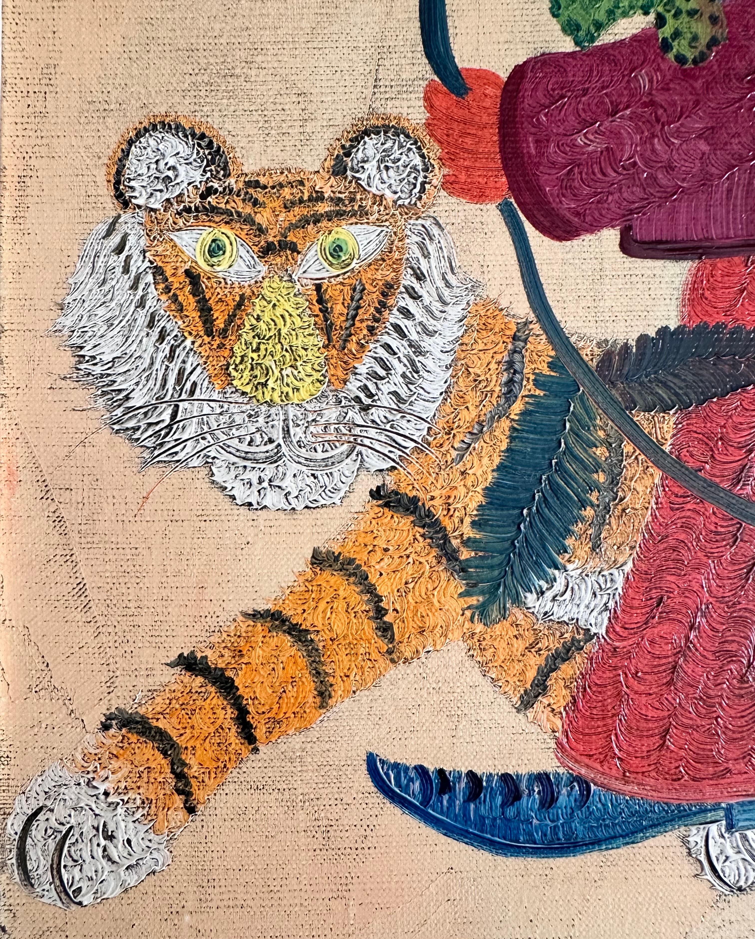 Henri Hecht MAÏK, French Painter, Oil on Canvas, “Tiger and Clown” 1966 In Good Condition For Sale In PARIS, FR