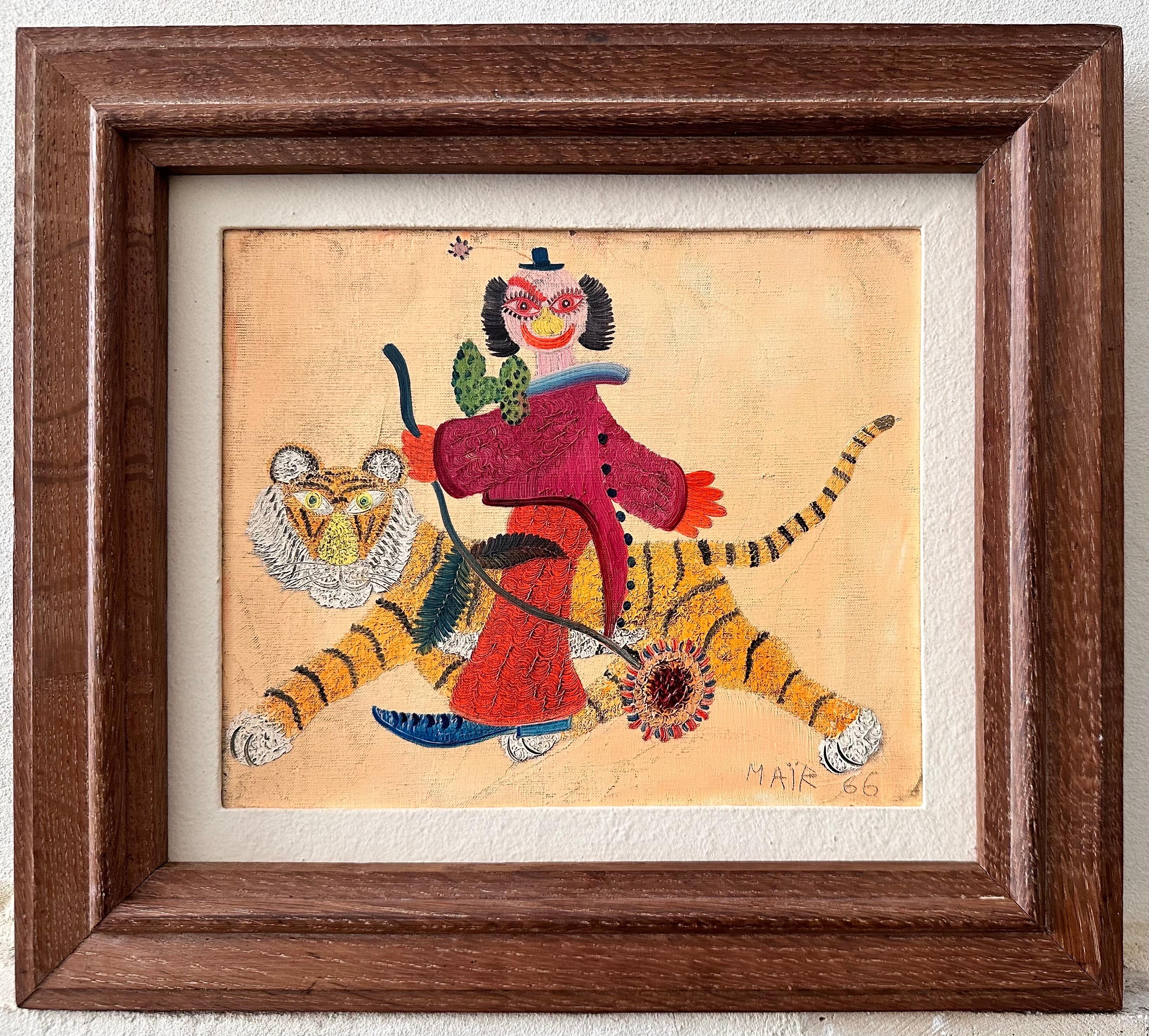 Mid-20th Century Henri Hecht MAÏK, French Painter, Oil on Canvas, “Tiger and Clown” 1966 For Sale