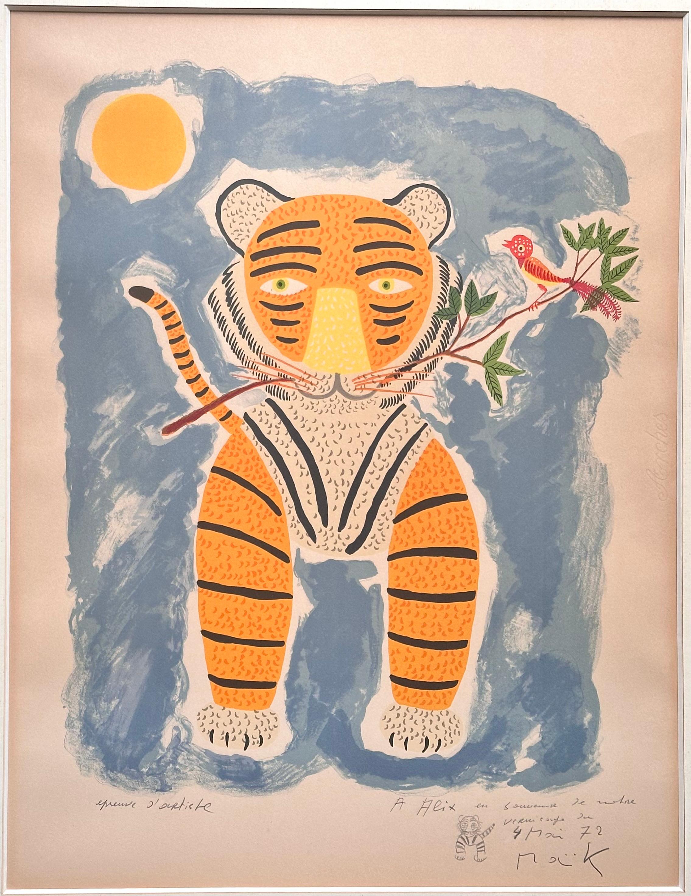 Henri Hecht MAÏK (1922-1993) French painter
Lithograph « The Tiger and the Bird » from 1972

Signed rare artist’s proof on wove paper.

A small tiger is drawn lower right with pencil
with a dedication, date and signature:
« A Alix en souvenir de