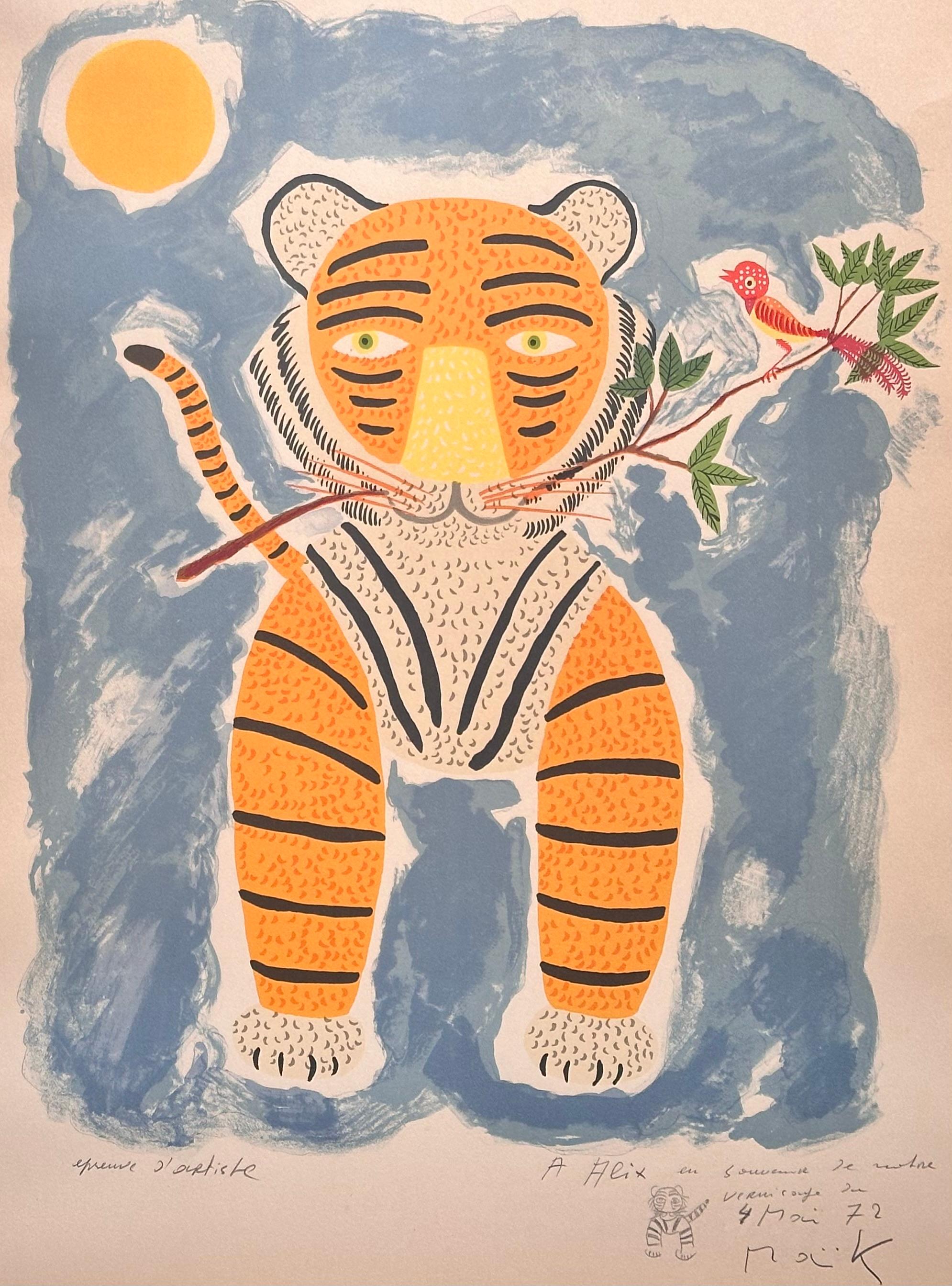 Paper Henri Hecht MAÏK Lithograph - Rare Signed Artist’s Proof from 72 « The Tiger » For Sale