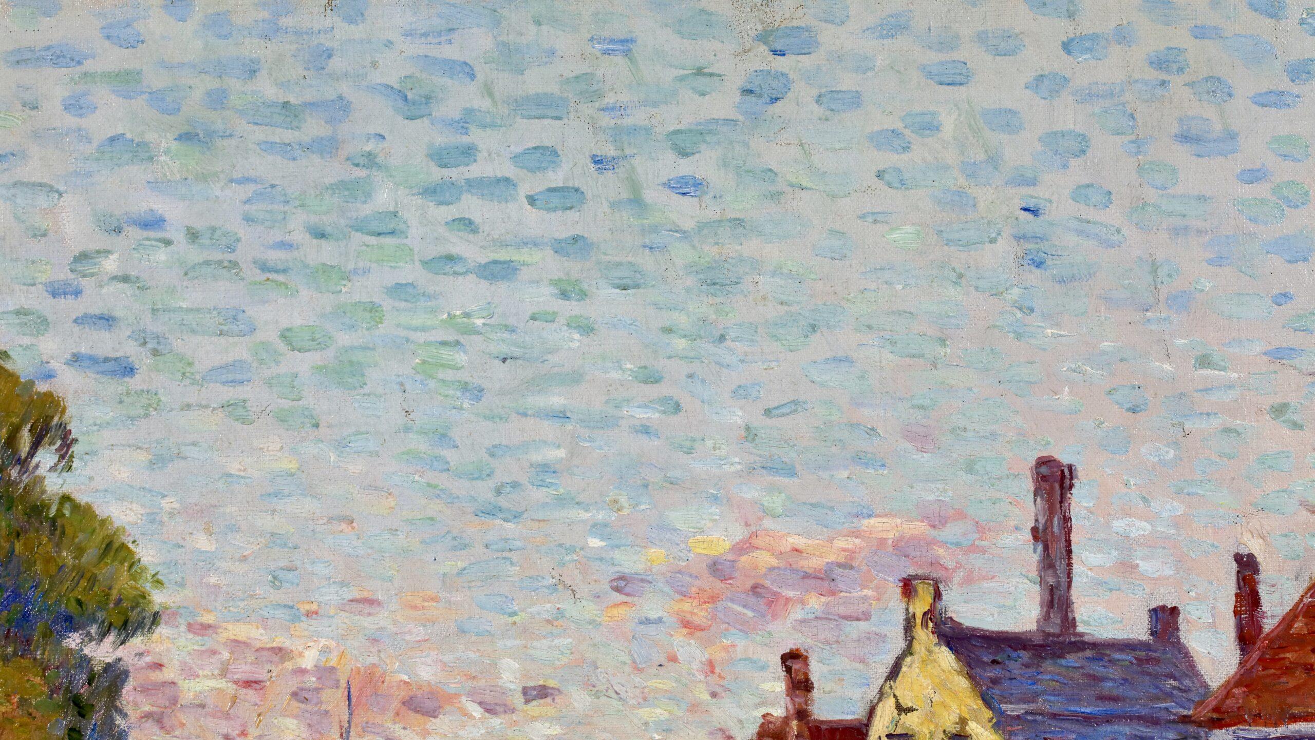 Maison a Bruges - Paesaggio divisionista post impressionista dipinto a olio da Henri Helis 10