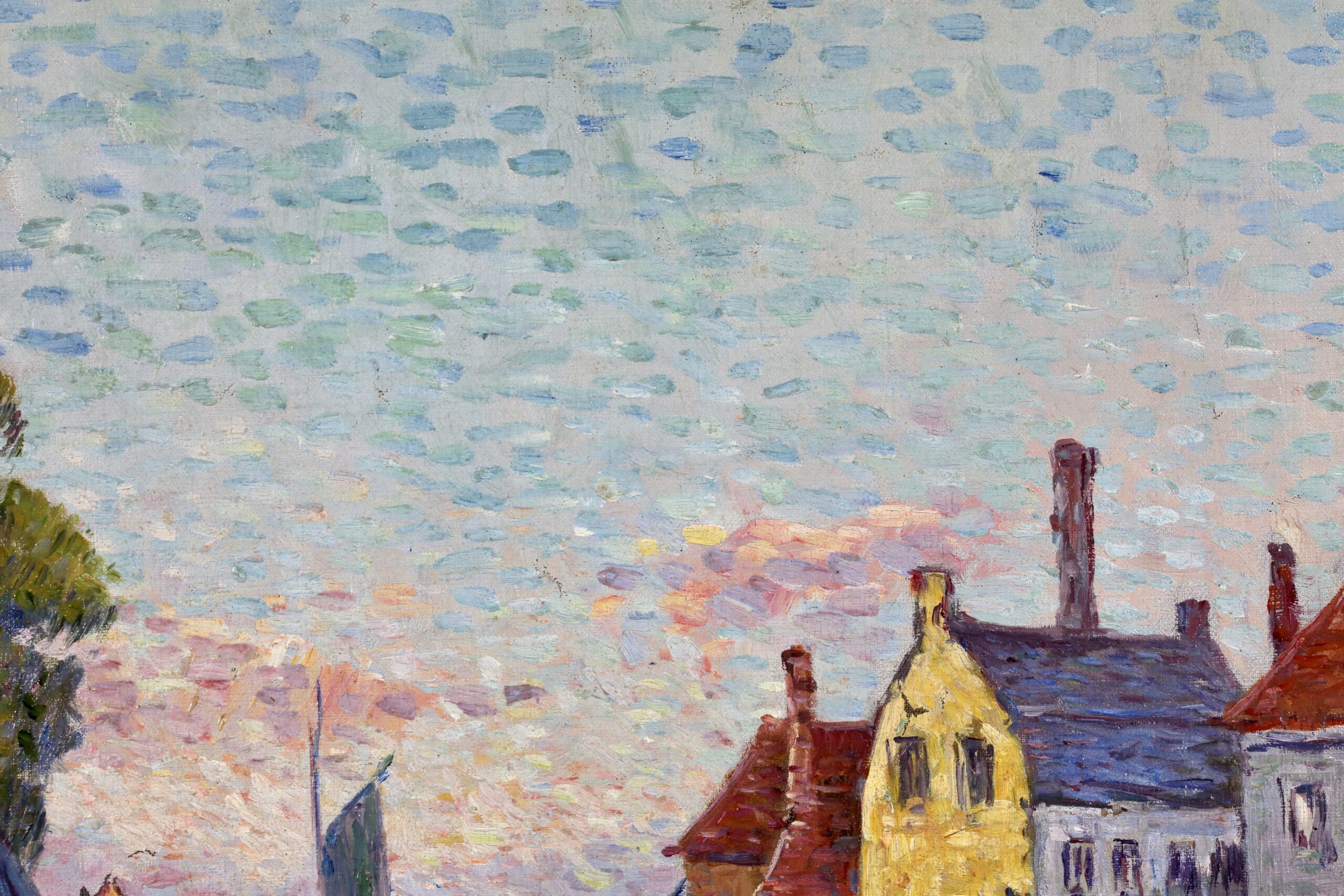 Maison a Bruges - Paesaggio divisionista post impressionista dipinto a olio da Henri Helis 1