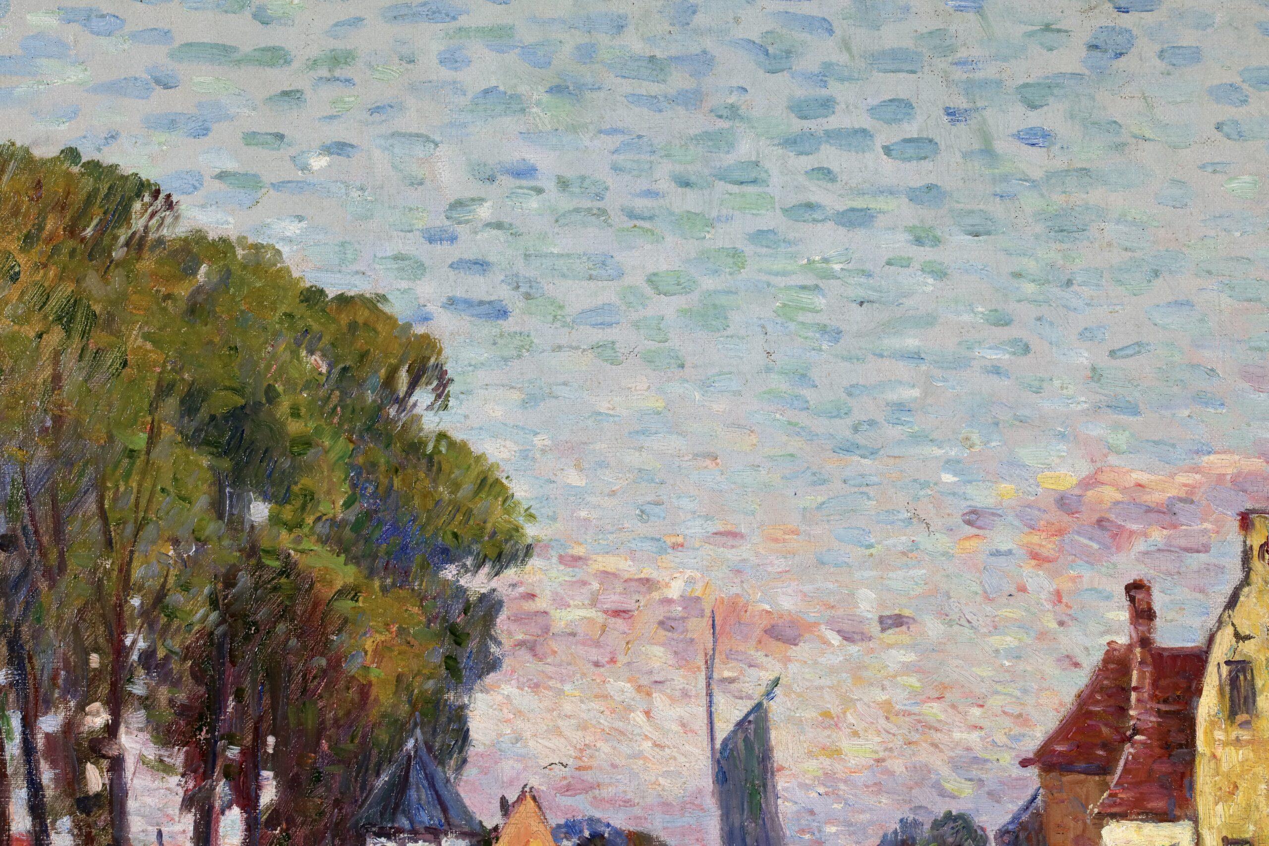 Maison a Bruges - Paesaggio divisionista post impressionista dipinto a olio da Henri Helis 2