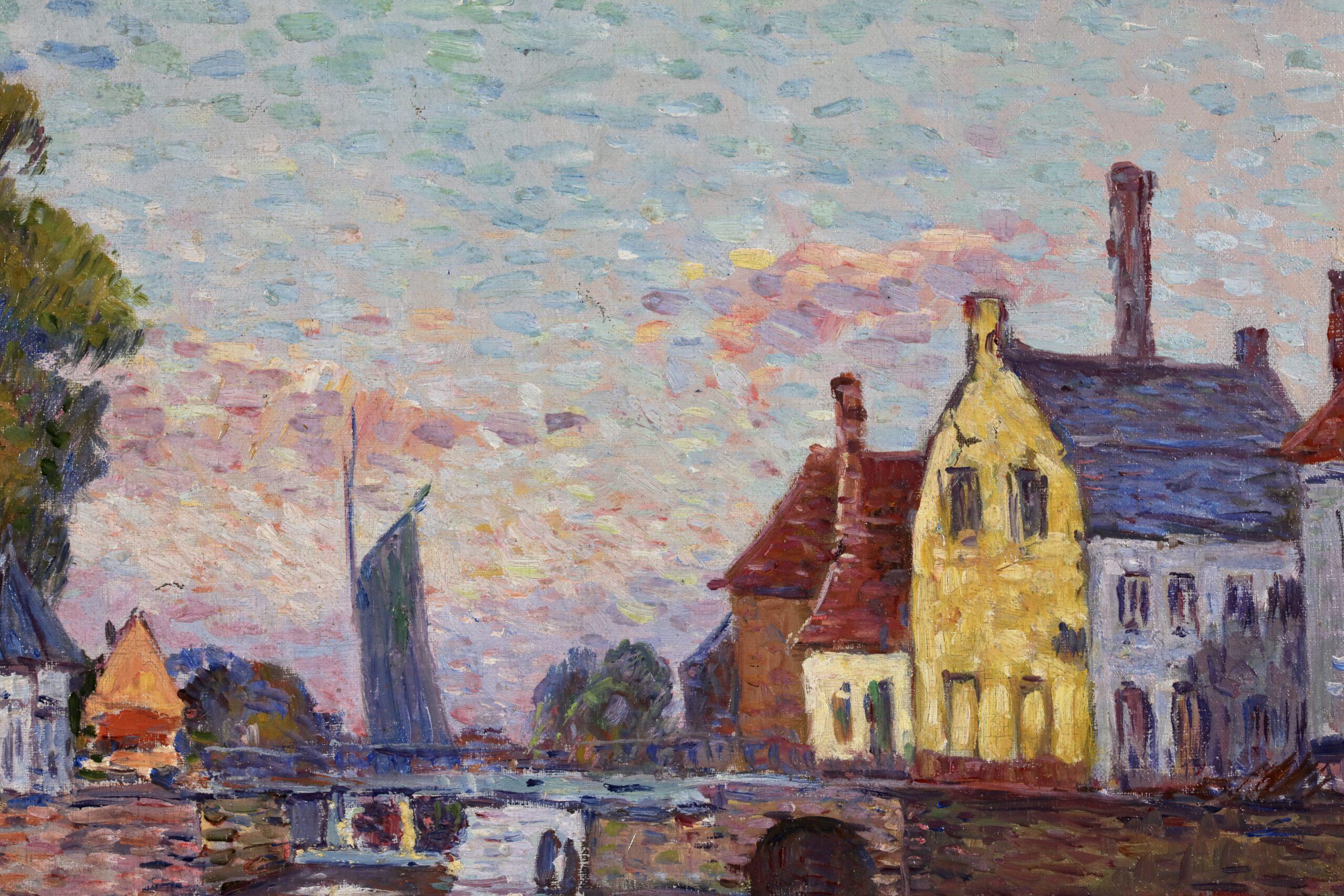Maison a Bruges - Paesaggio divisionista post impressionista dipinto a olio da Henri Helis 3