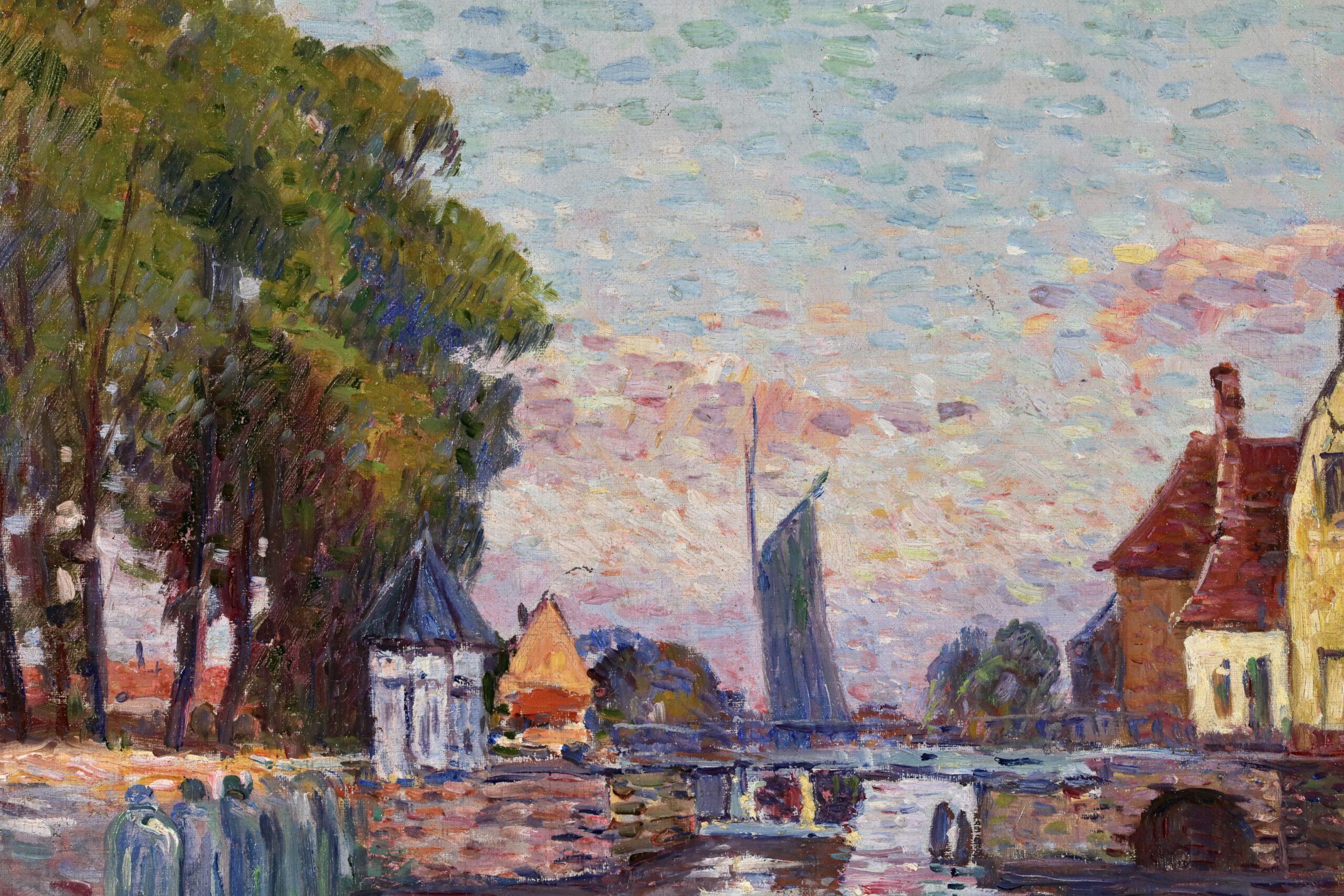 Maison a Bruges - Paesaggio divisionista post impressionista dipinto a olio da Henri Helis 4
