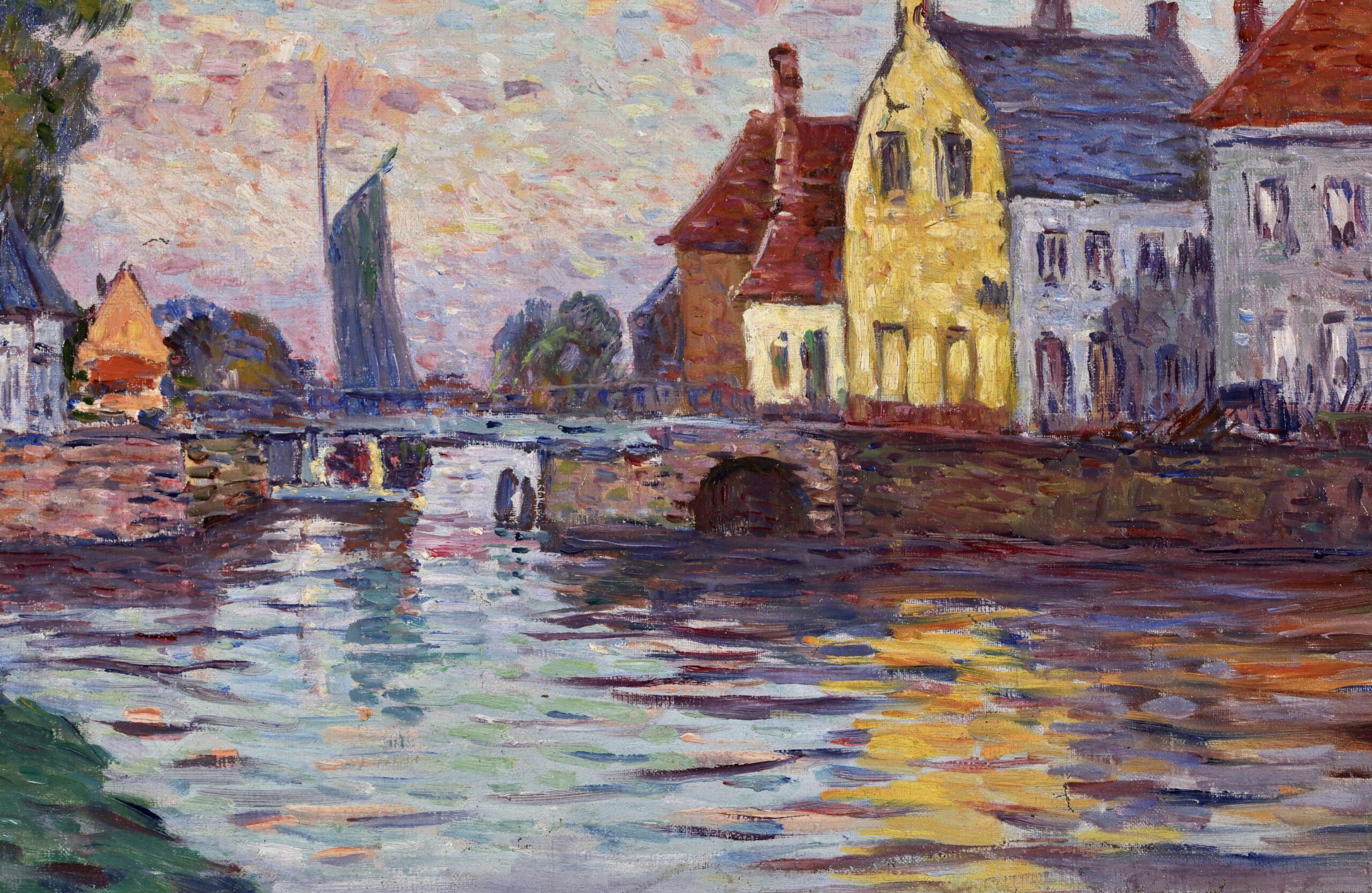 Maison a Bruges - Paesaggio divisionista post impressionista dipinto a olio da Henri Helis 6