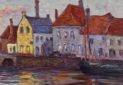 Maison a Bruges - Paesaggio divisionista post impressionista dipinto a olio da Henri Helis