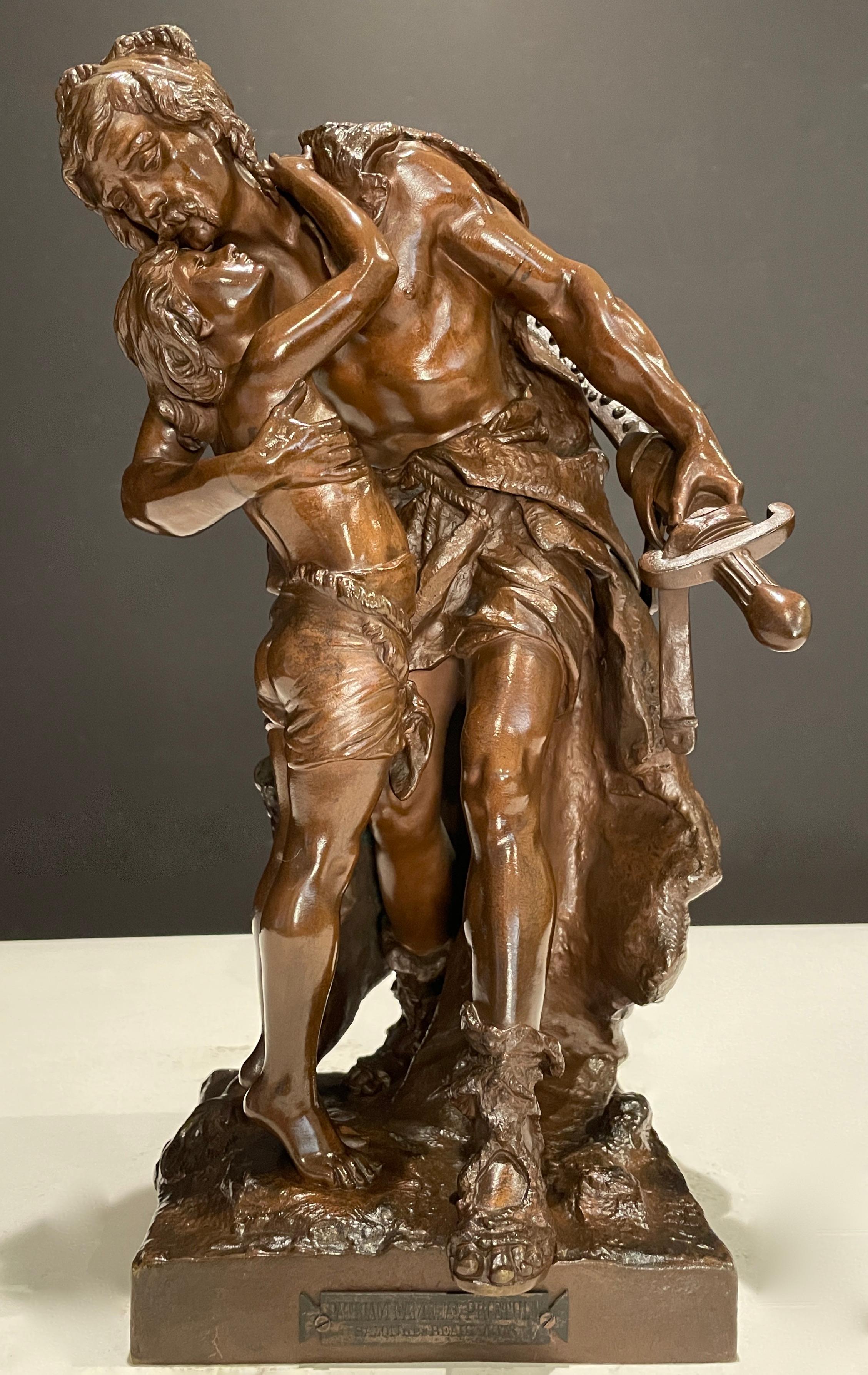 Henri Honore Plé (1853 - 1922). Diese schöne französische Originalskulptur aus dem 19. Jahrhundert stellt einen Moment zwischen Vater und Sohn dar. Hochwertige patinierte Bronze in dem für Plé typischen naturalistischen Stil. Der Vater ist in Pelze