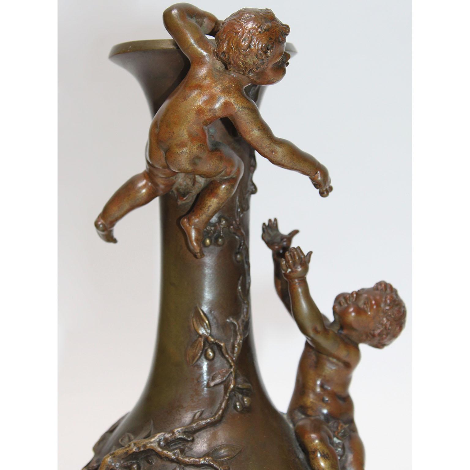 Patinated Henri-Honoré Plé Bronze Group Two Boys on Cherry Bolssom Vase