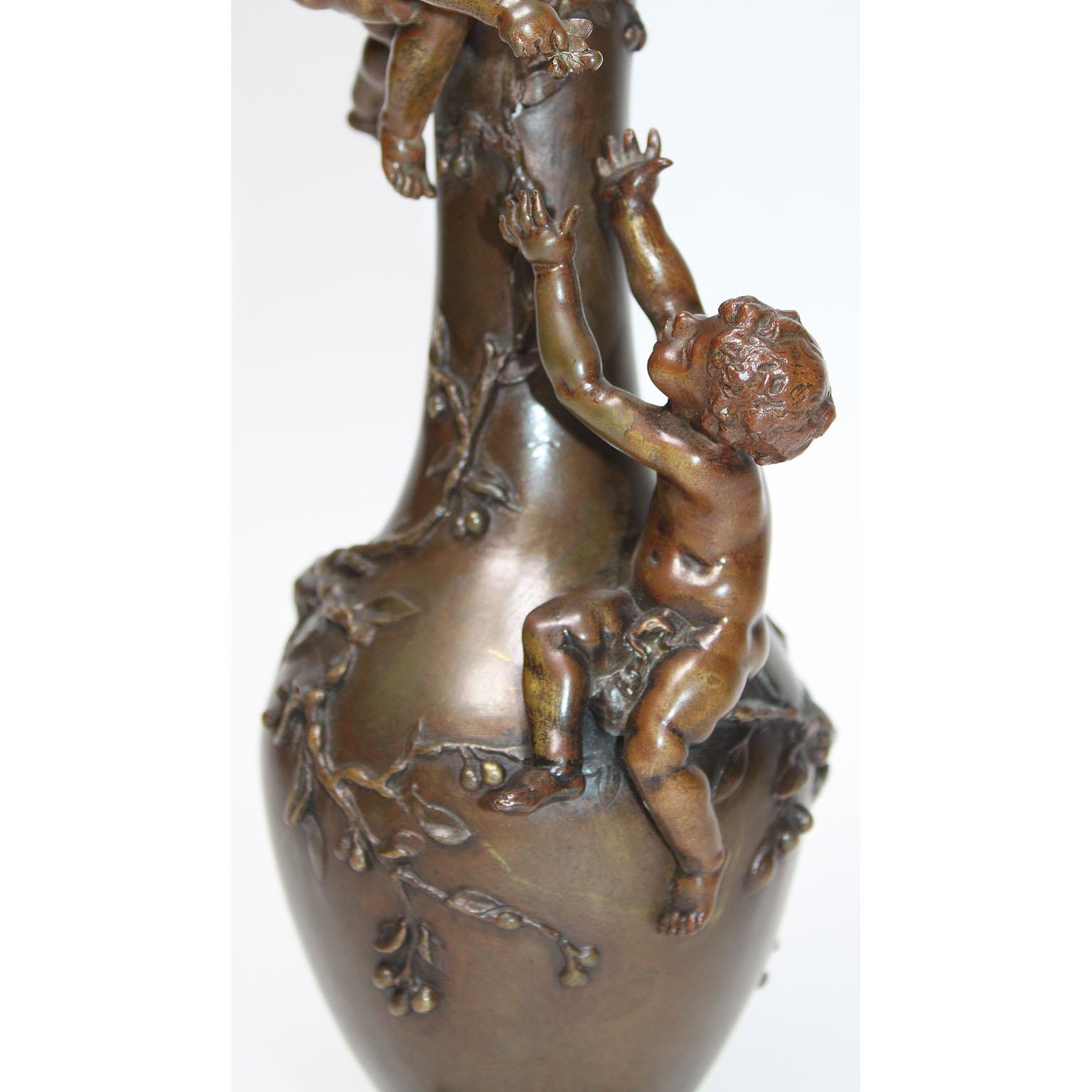 Early 20th Century Henri-Honoré Plé Bronze Group Two Boys on Cherry Bolssom Vase