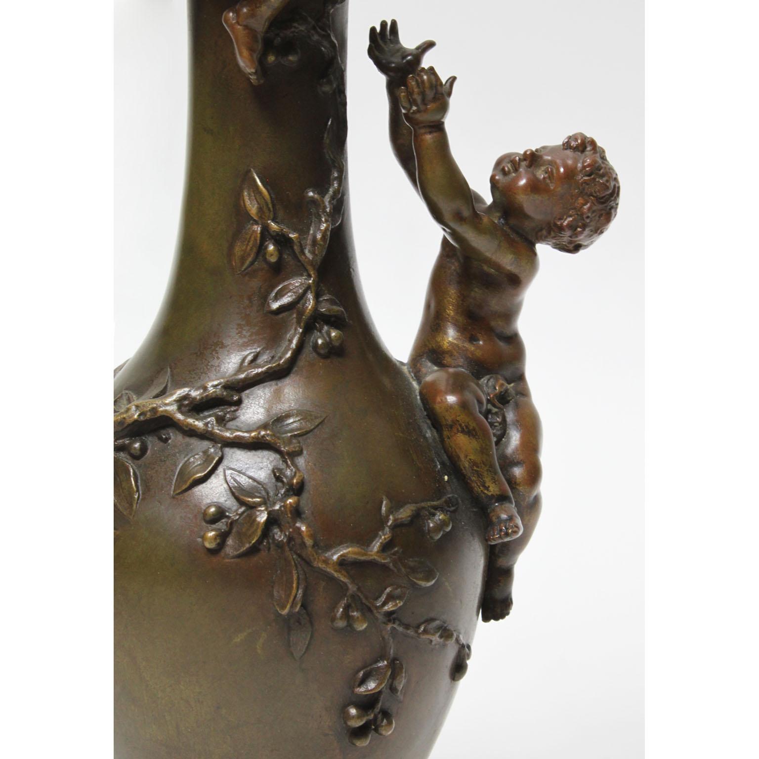 Marble Henri-Honoré Plé Bronze Group Two Boys on Cherry Bolssom Vase