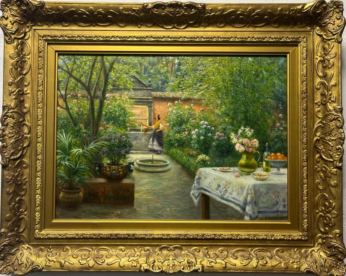 Garden Scene, Grenada Spain - Spanish woman in rich and lush garden courtyard  - Painting by Henri Houbén 