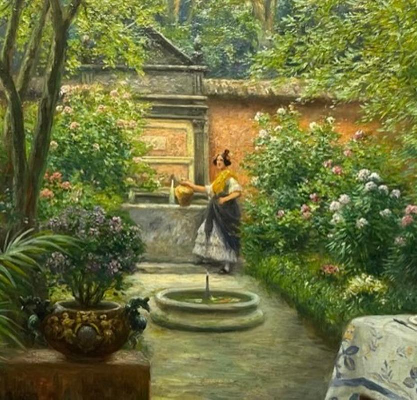 Garden Scene, Grenada Spain - Spanish woman in rich and lush garden courtyard  1