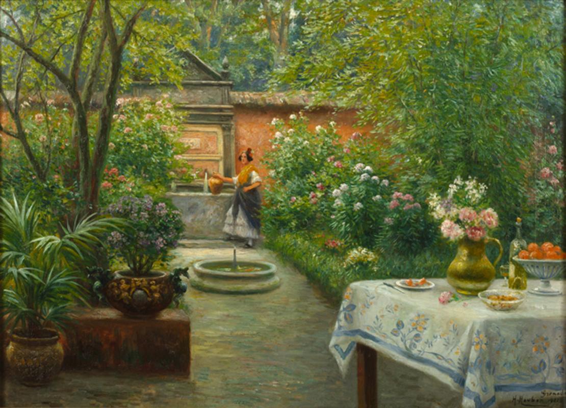 Henri Houbén  Landscape Painting - Garden Scene, Grenada Spain - Spanish woman in rich and lush garden courtyard 