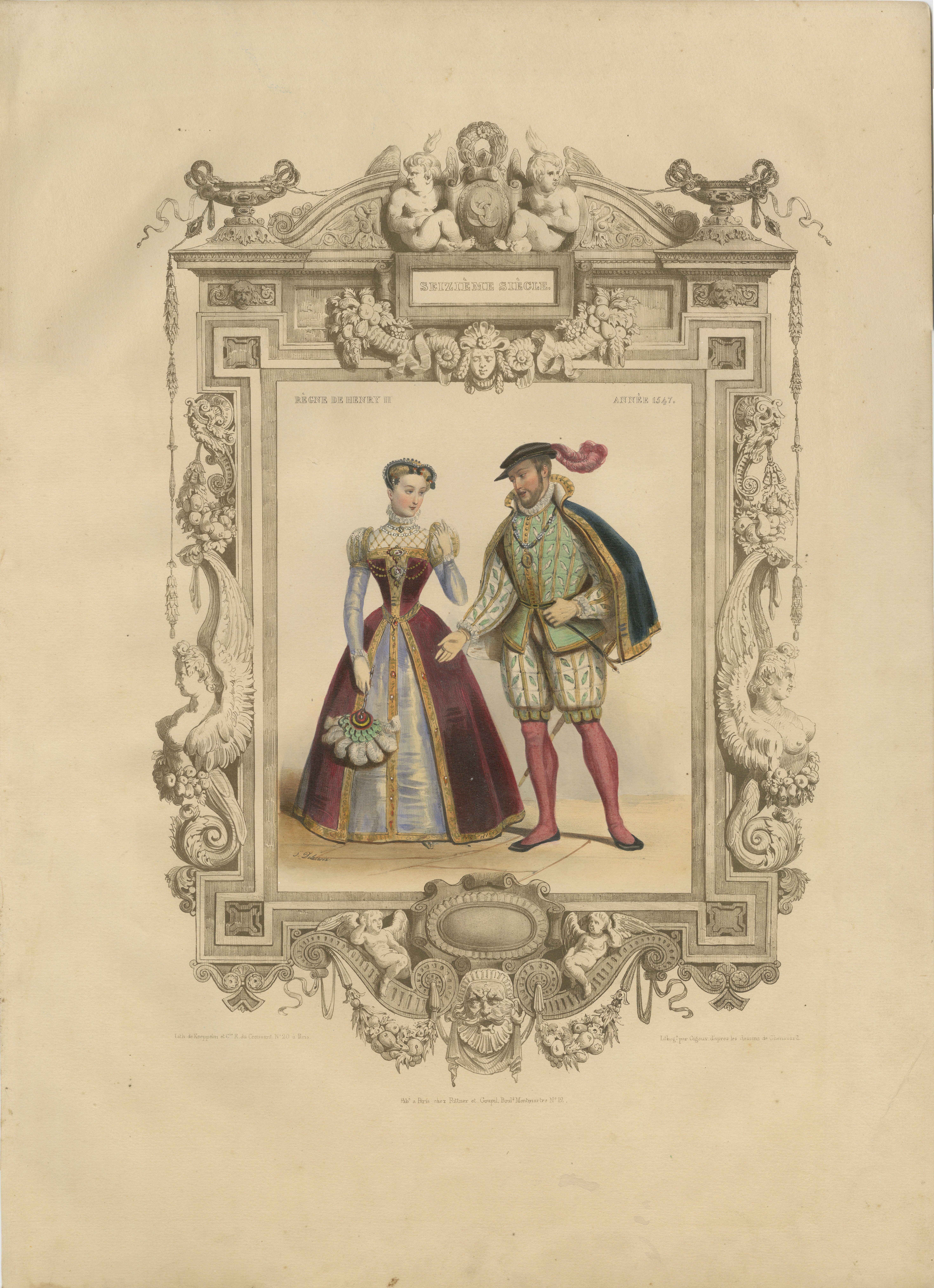 Henri II & Catherine de' Medici French Court Costume Lithograph, 1847