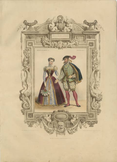 Henri II & Catherine de' Medici French Court Costume Lithograph, 1847