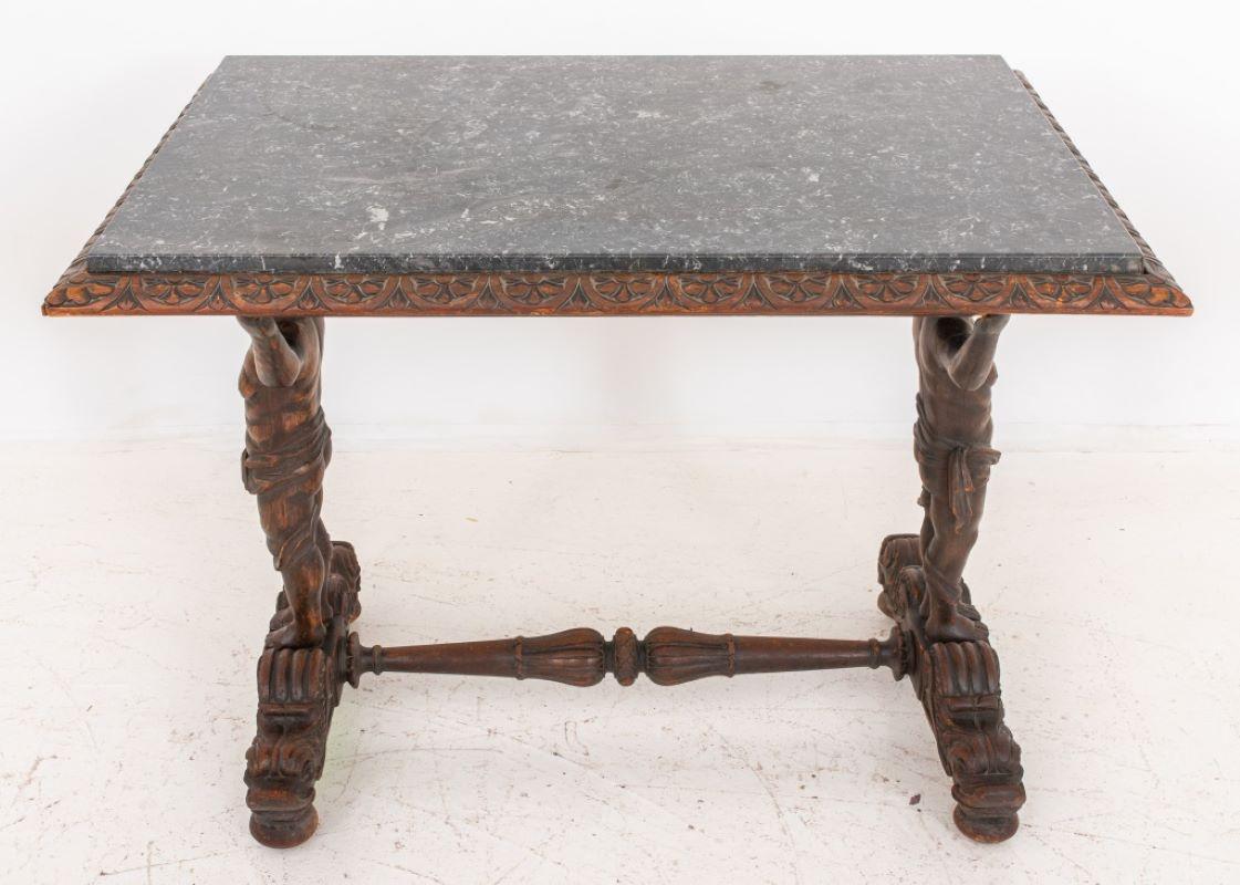 Marble Henri II Gothic Style Carved Oak Side Table