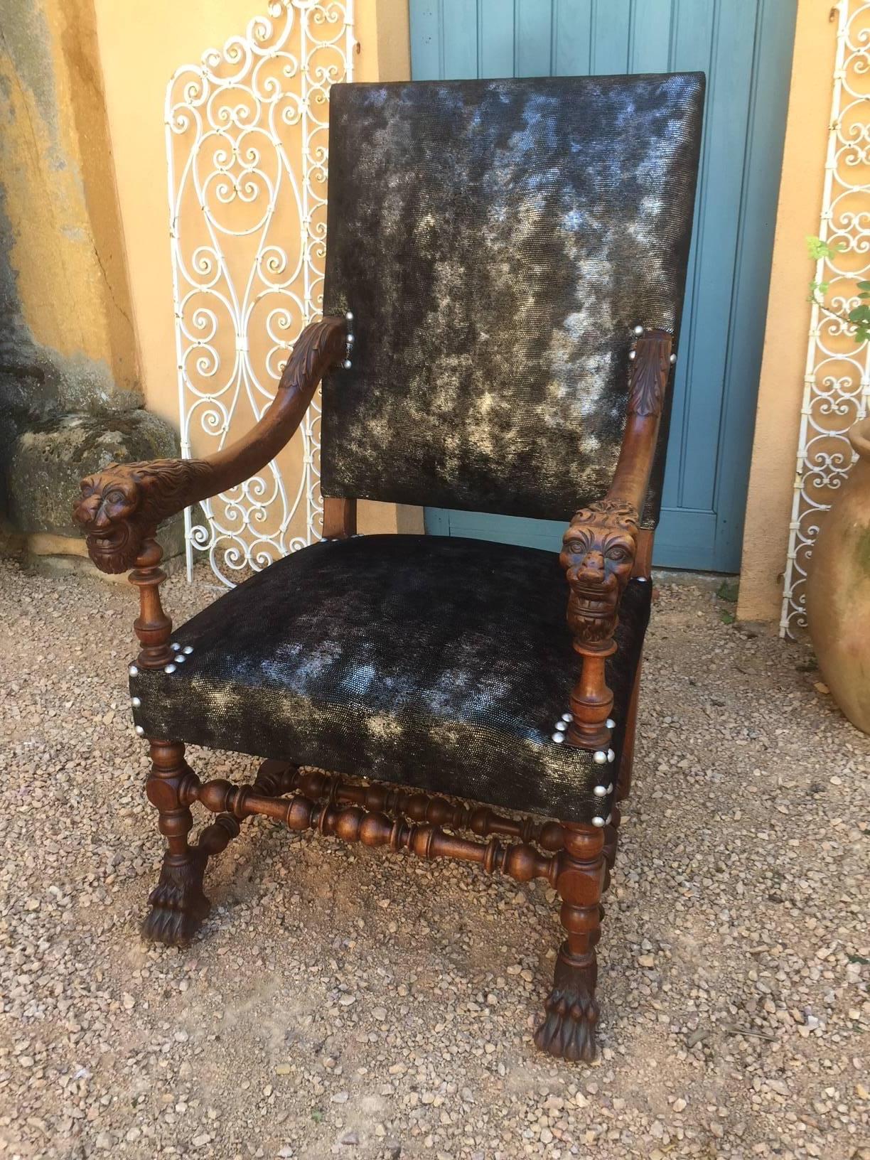 Napoleon III Henri II Style Armchair Fully Upholstered, Lion's Head Armrest