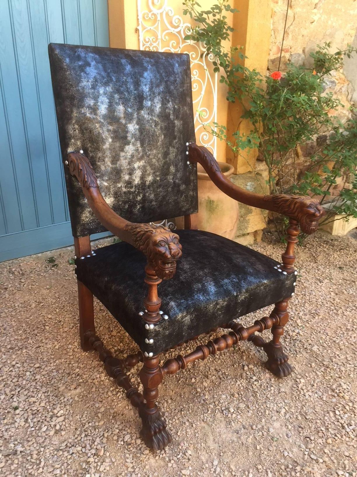 French Henri II Style Armchair Fully Upholstered, Lion's Head Armrest
