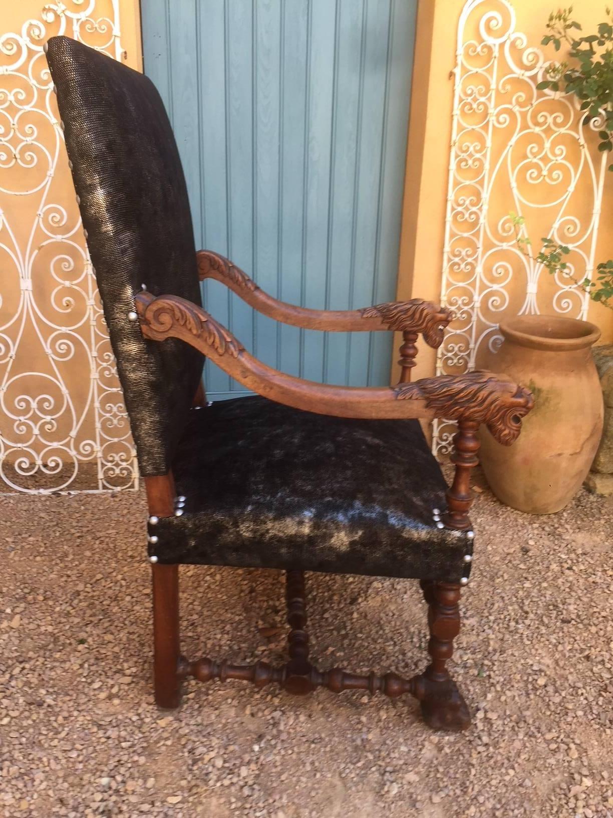 19th Century Henri II Style Armchair Fully Upholstered, Lion's Head Armrest