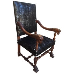 Henri II Style Armchair Fully Upholstered, Lion's Head Armrest