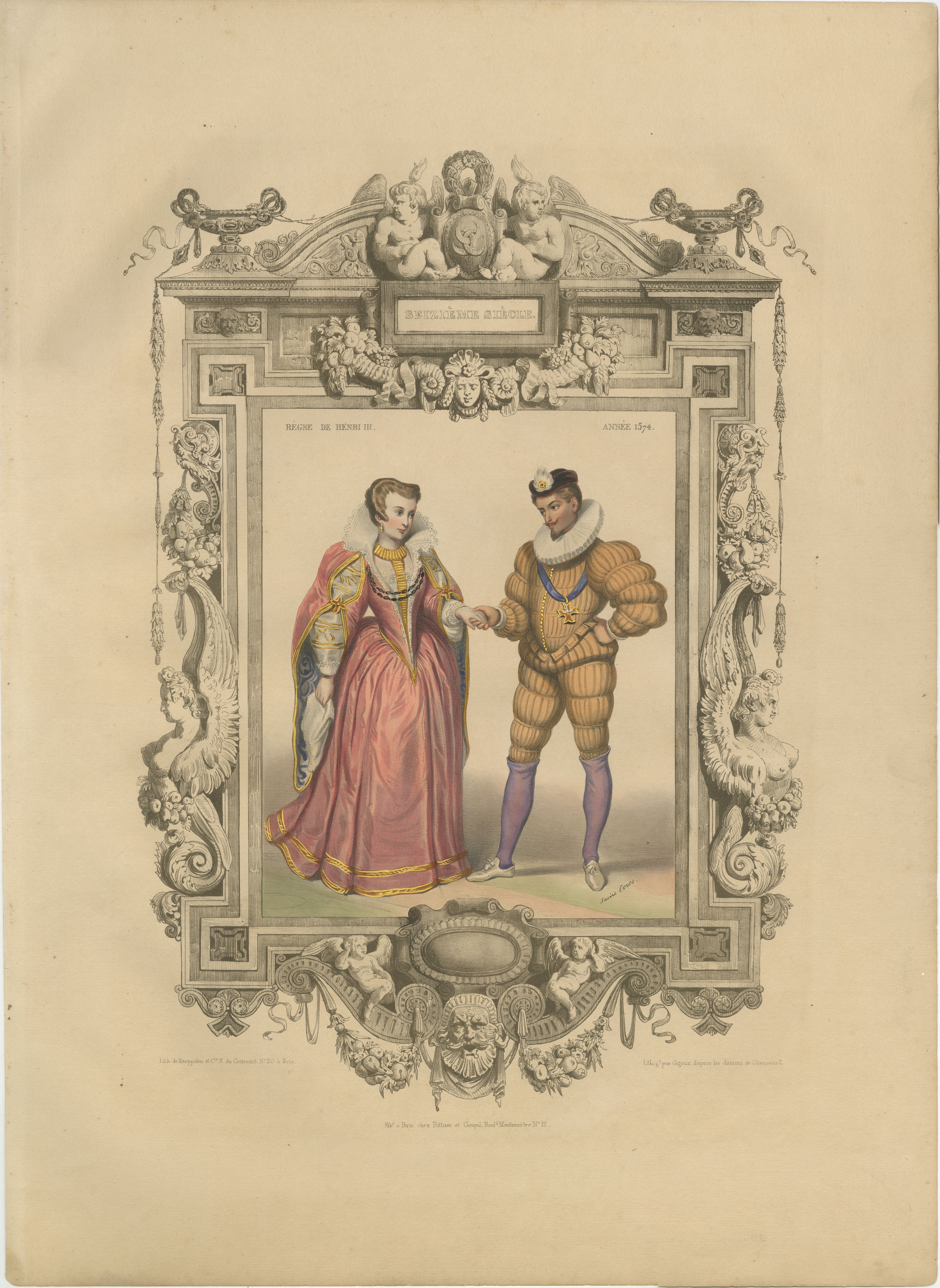 Henri III French Court Costume – Royal Couple Costume Lithograph, 1847