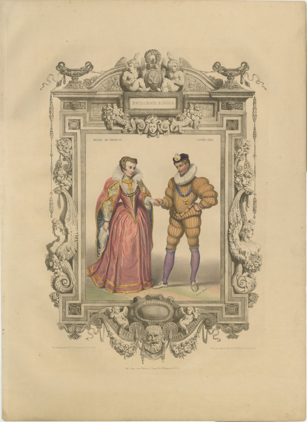 Henri III French Court Costume, Royal Couple Costume Lithograph, 1847