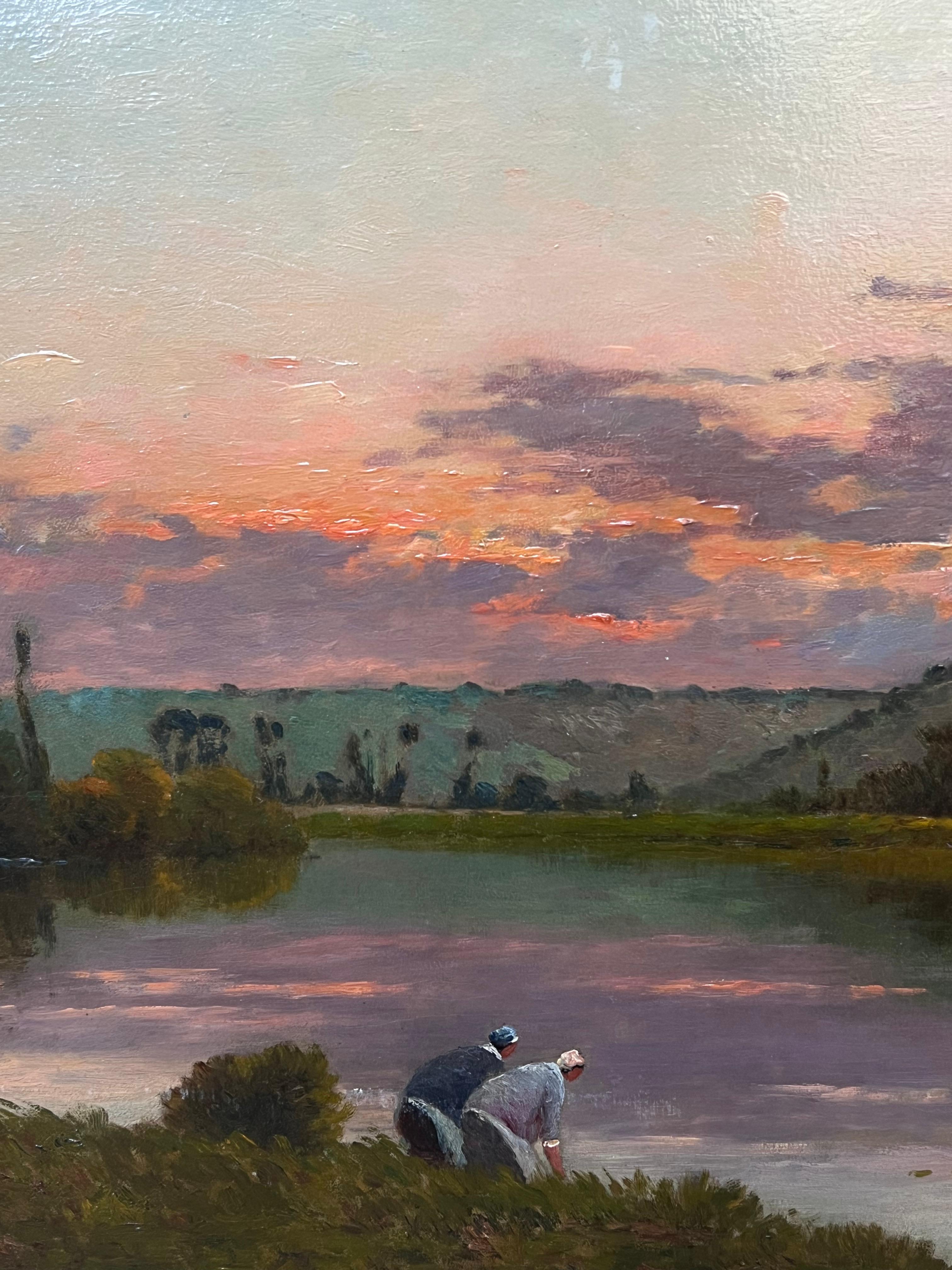 Grande peinture à l'huile ancienne de l'école de Barbizon signée Washfolk Sunset River Landscape - Painting de Henri-Jacques Delpy