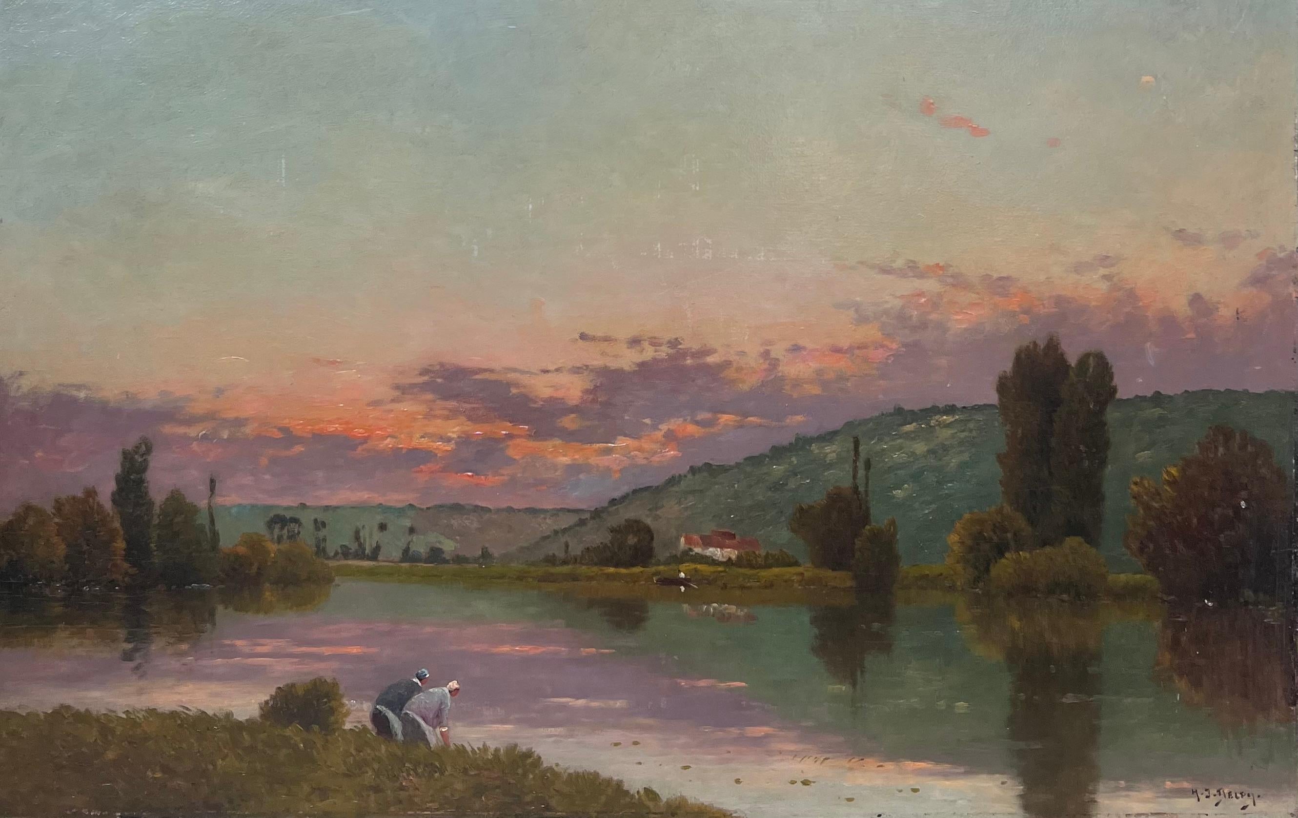 Grande peinture à l'huile ancienne de l'école de Barbizon signée Washfolk Sunset River Landscape - École de Barbizon Painting par Henri-Jacques Delpy