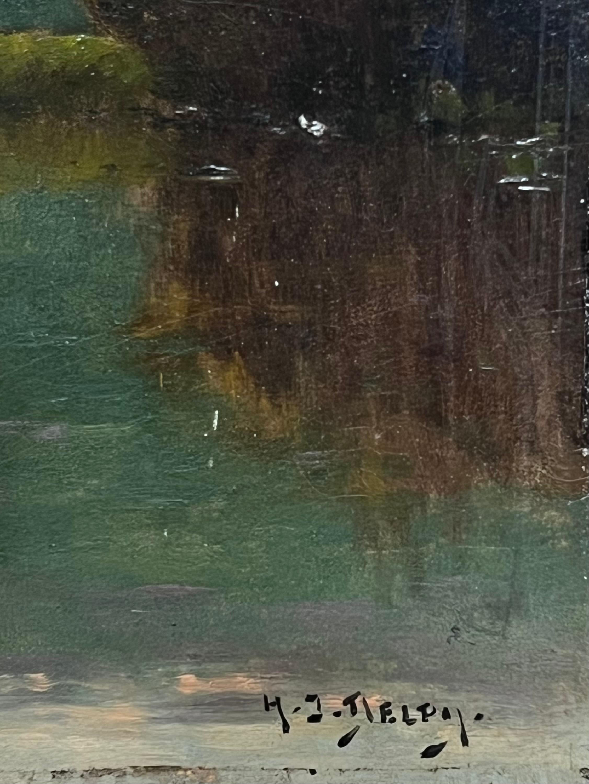 Grande peinture à l'huile ancienne de l'école de Barbizon signée Washfolk Sunset River Landscape - Marron Figurative Painting par Henri-Jacques Delpy