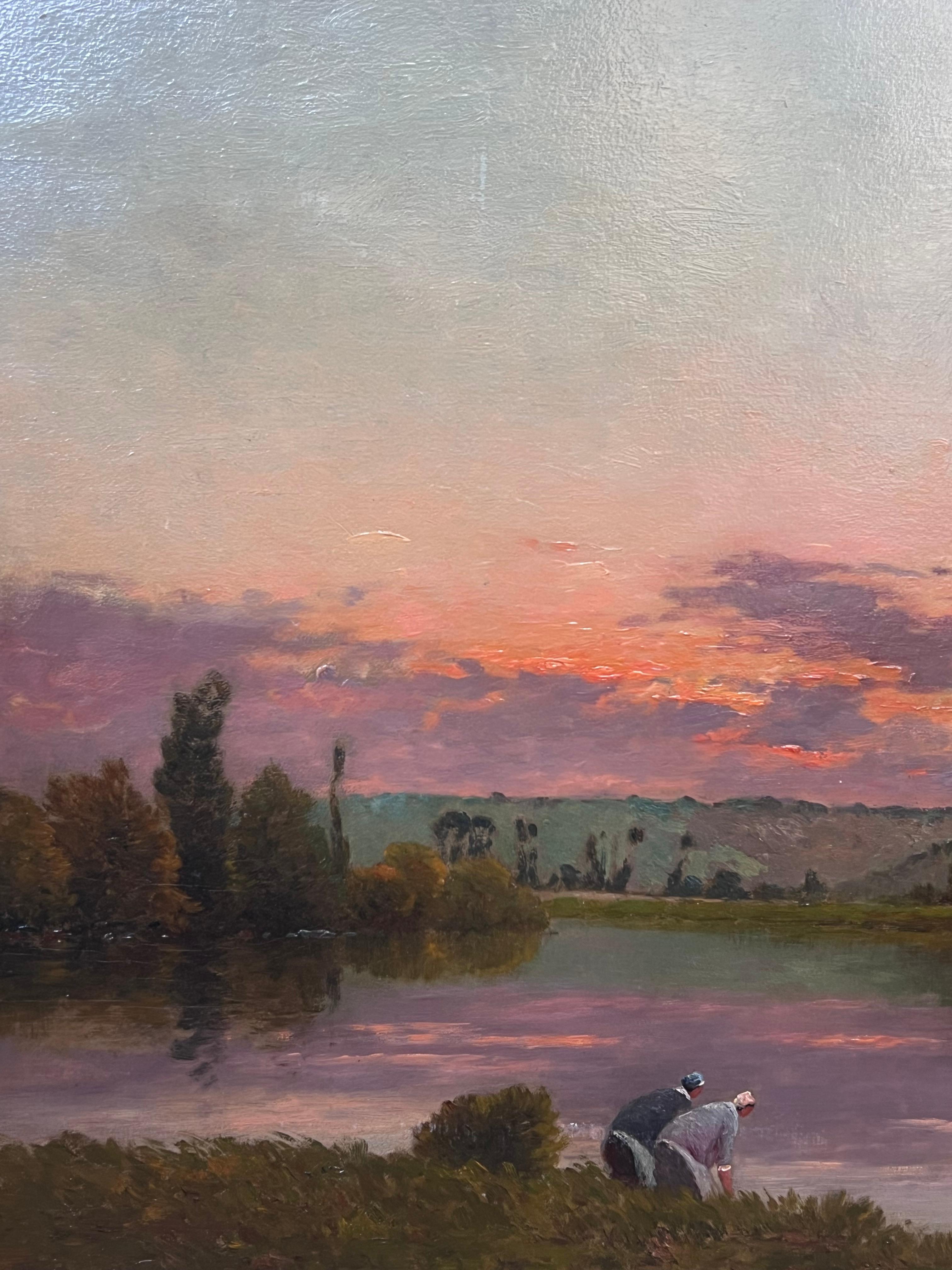 Grande peinture à l'huile ancienne de l'école de Barbizon signée Washfolk Sunset River Landscape en vente 1