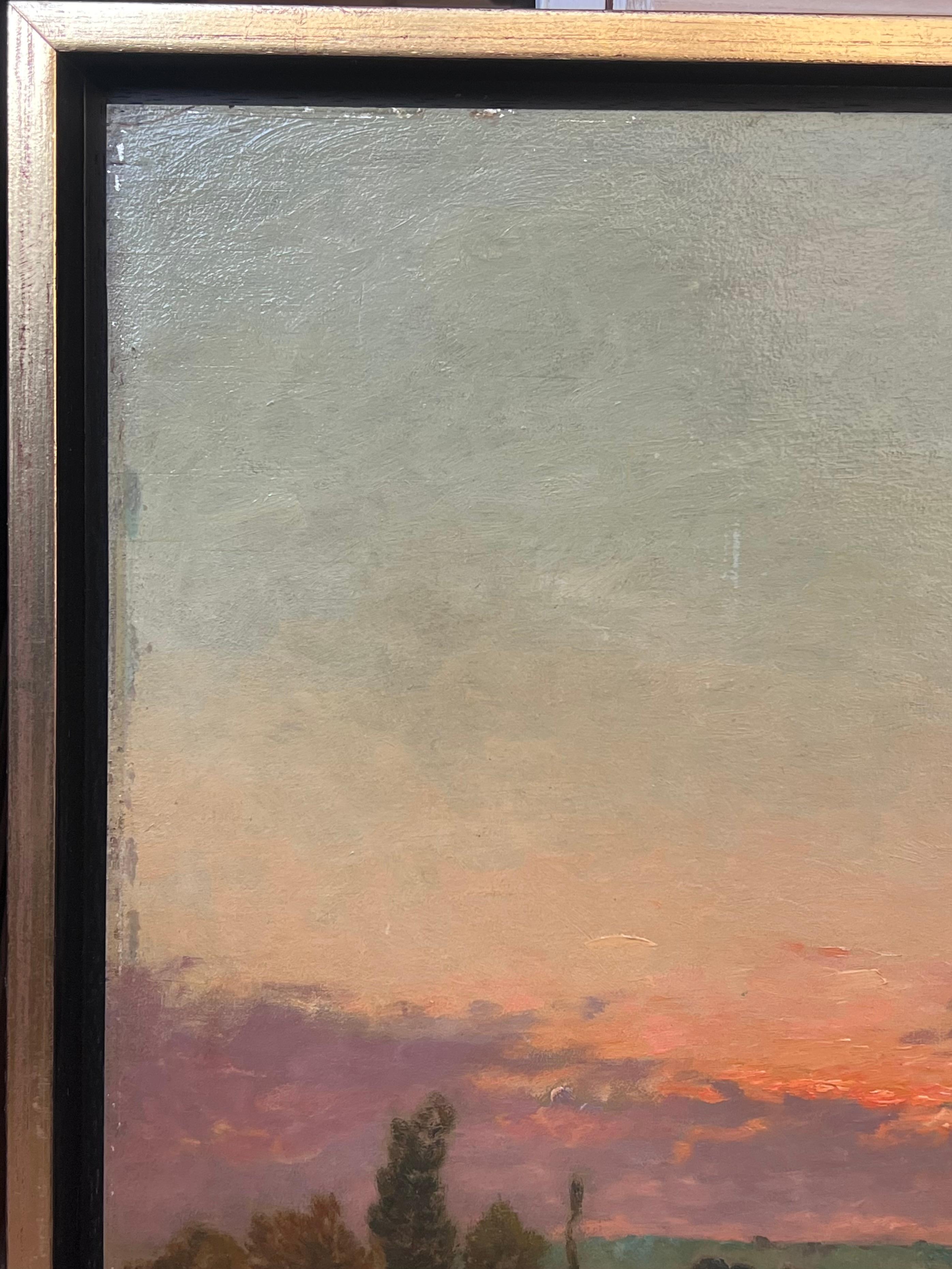 Grande peinture à l'huile ancienne de l'école de Barbizon signée Washfolk Sunset River Landscape en vente 2