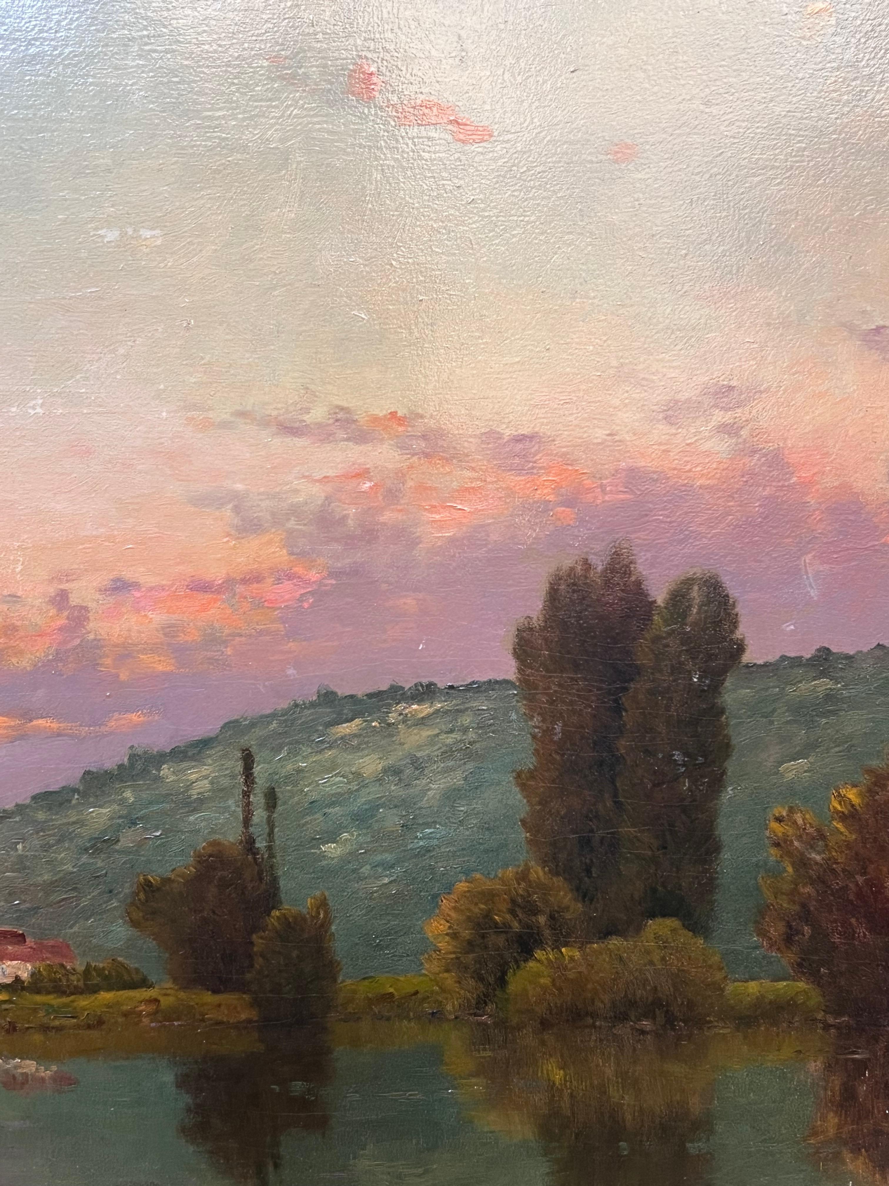 Grande peinture à l'huile ancienne de l'école de Barbizon signée Washfolk Sunset River Landscape en vente 3