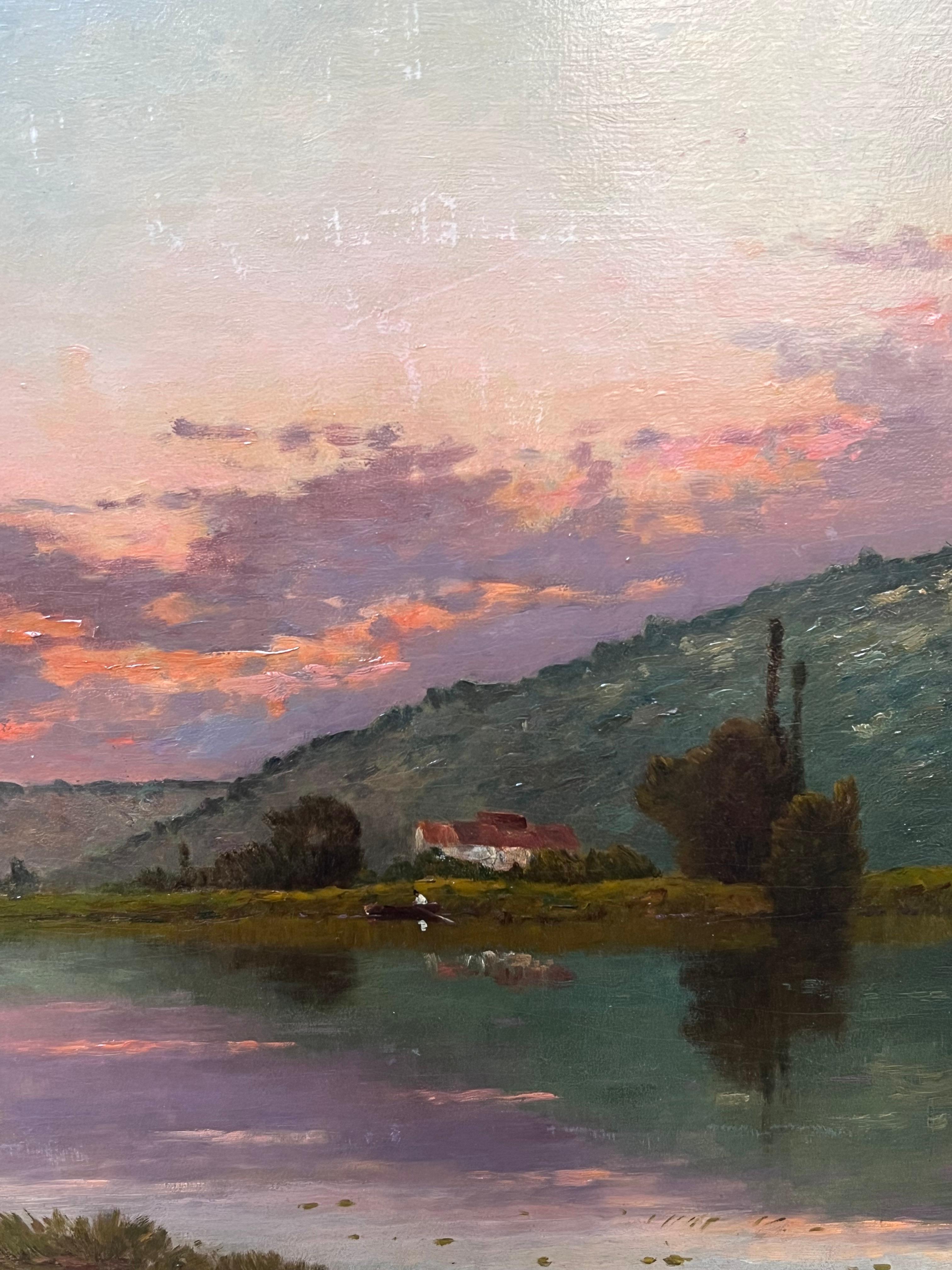 Grande peinture à l'huile ancienne de l'école de Barbizon signée Washfolk Sunset River Landscape en vente 4