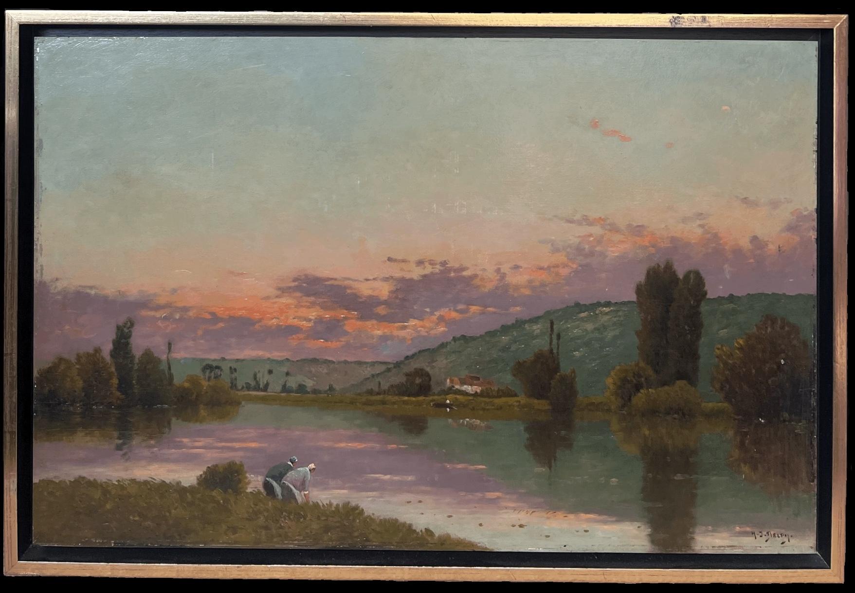 Enorme dipinto ad olio antico della Scuola di Barbizon firmato Washfolk Sunset River Landscape