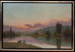 Enorme pintura al óleo antigua firmada por la Escuela de Barbizon Paisaje fluvial del atardecer de Washfolk