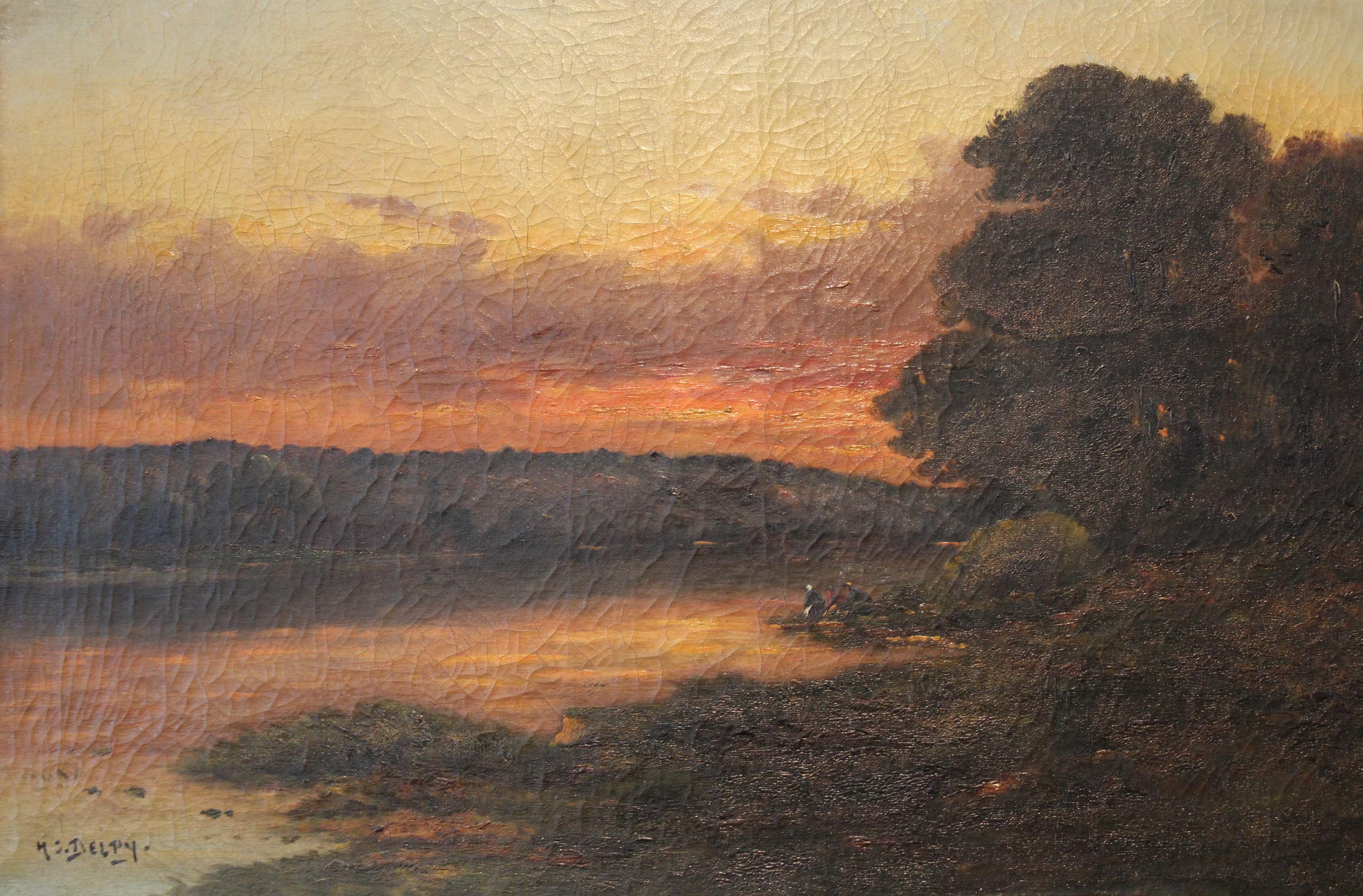 Henri Jacques Delpy, Wäscherinnen bei Sonnenuntergang (Öl auf Leinwand) (Gemalt) im Angebot