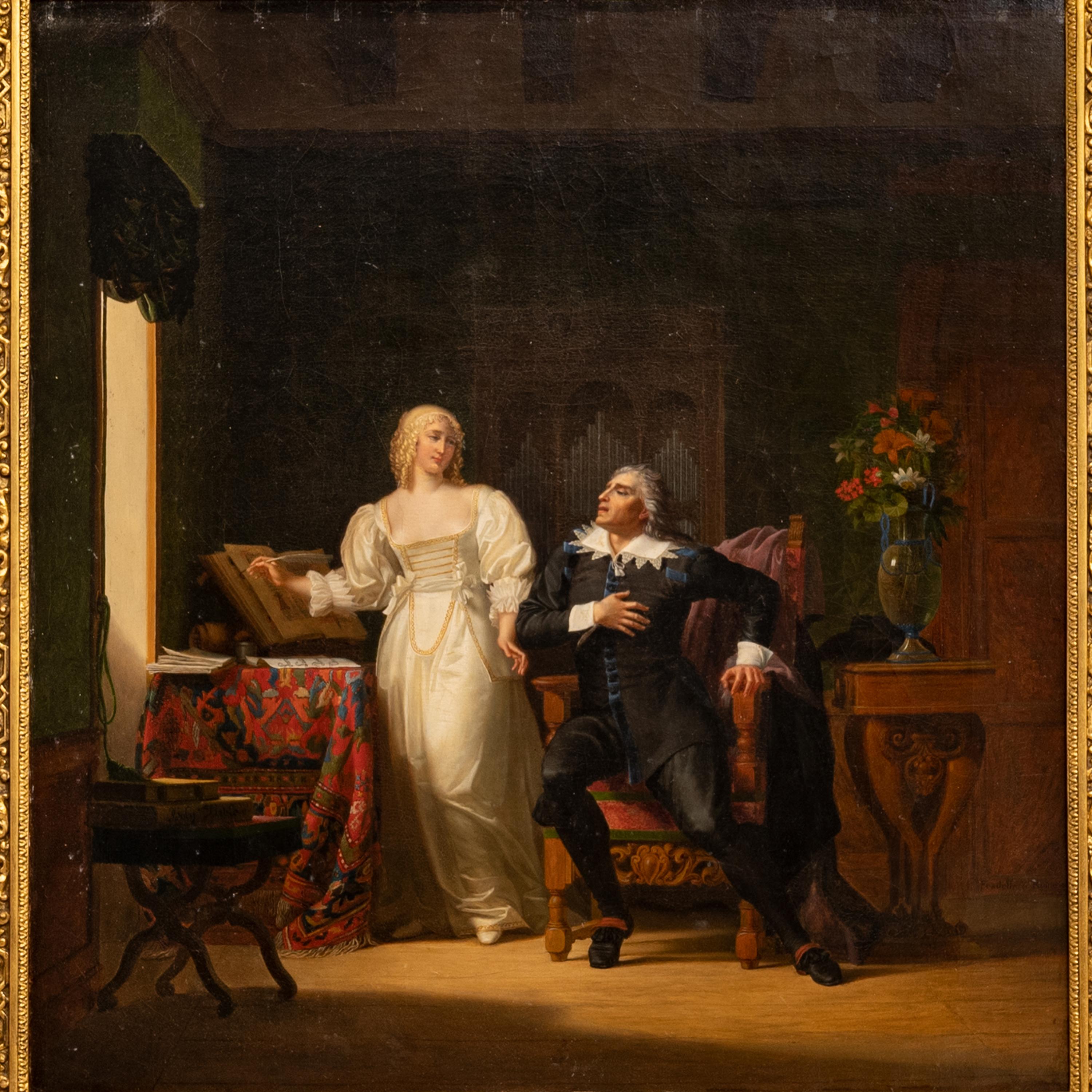 Antique French Oil on Canvas Shakespearian Lovers Historical Interior Scene 1810 - Painting by Henri Jean Baptiste Victoire Fradelle