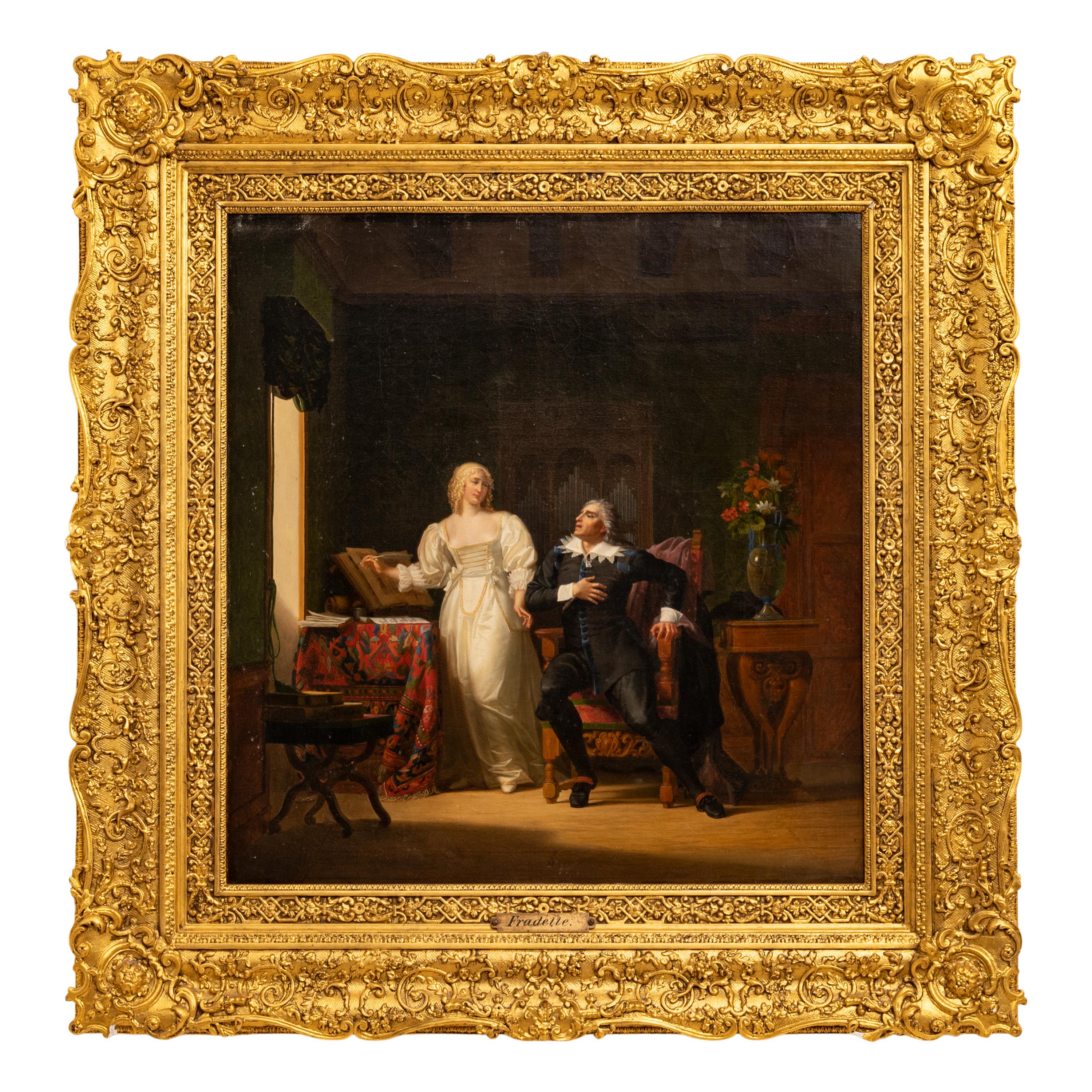 Henri Jean Baptiste Victoire Fradelle Interior Painting - Antique French Oil on Canvas Shakespearian Lovers Historical Interior Scene 1810